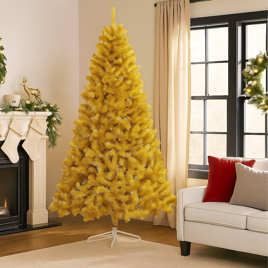 Angle. BreeBe - Artificial Tinsel Xmas Tree 6/7.5 FT – Hinged Branches & Folding Stand - Gold.