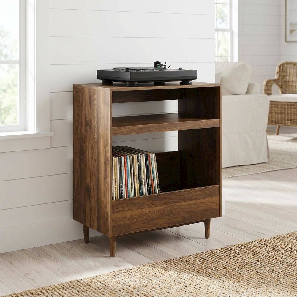 Alt View 4. FurniFact - Wooden record player stand with vinyl storage, compact design for living rooms - Walnut.