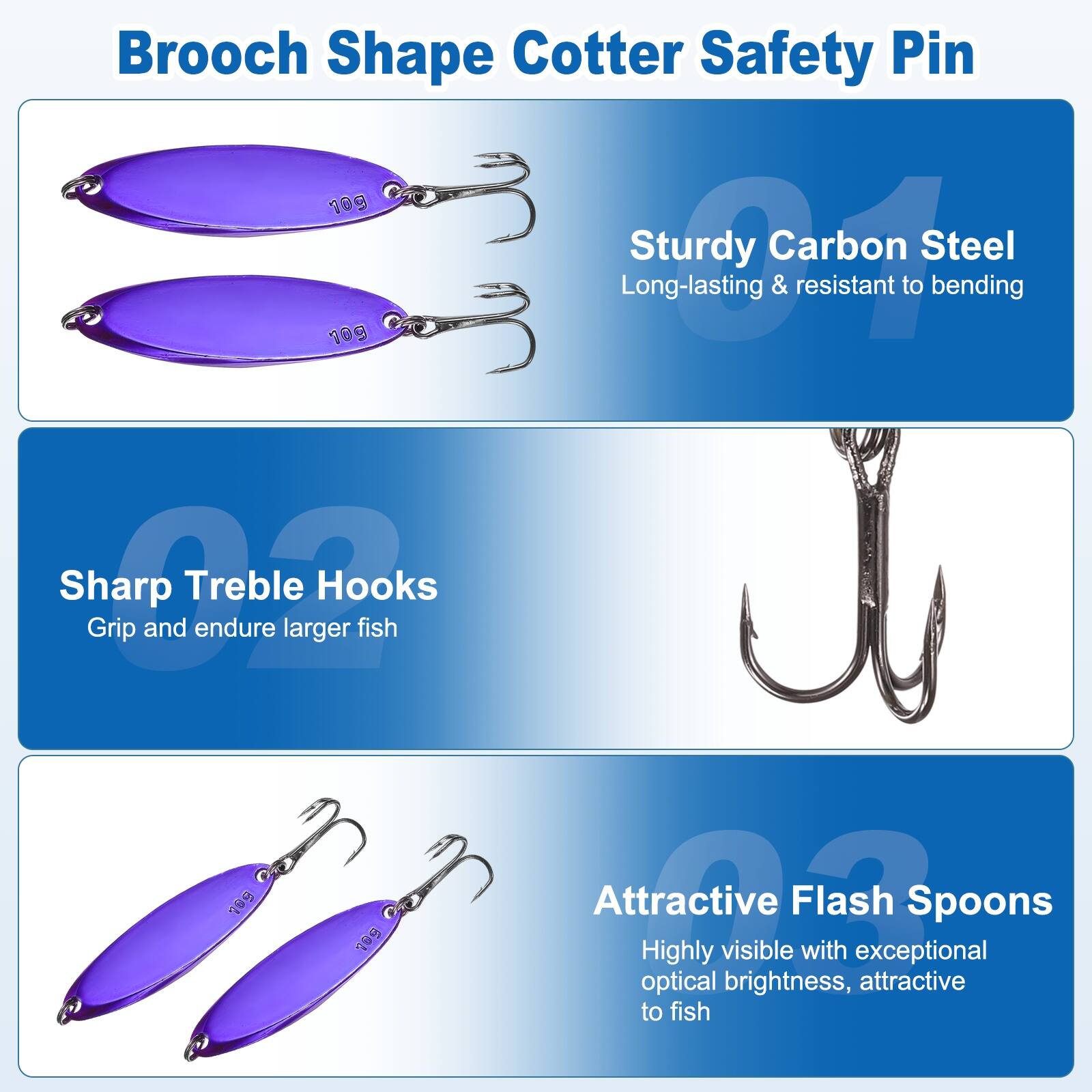 Brooch Shape Cotter Safety Pin

1. Sturdy Carbon Steel
   - Long-lasting & resistant to bending

2. Sharp Treble Hooks
   - Grip and endure larger fish

3. Attractive Flash Spoons
   - Highly visible with exceptional optical brightness, attractive to fish