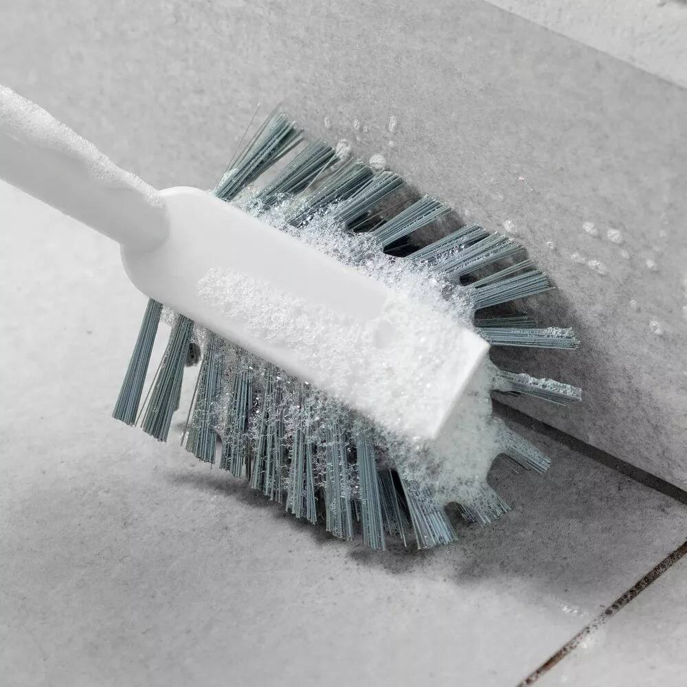 Back. OU - OU Multipurpose Scrub Brush w Built-In Scraper, Cleaning Scrubber Brush for Bathroom & Kitchen.