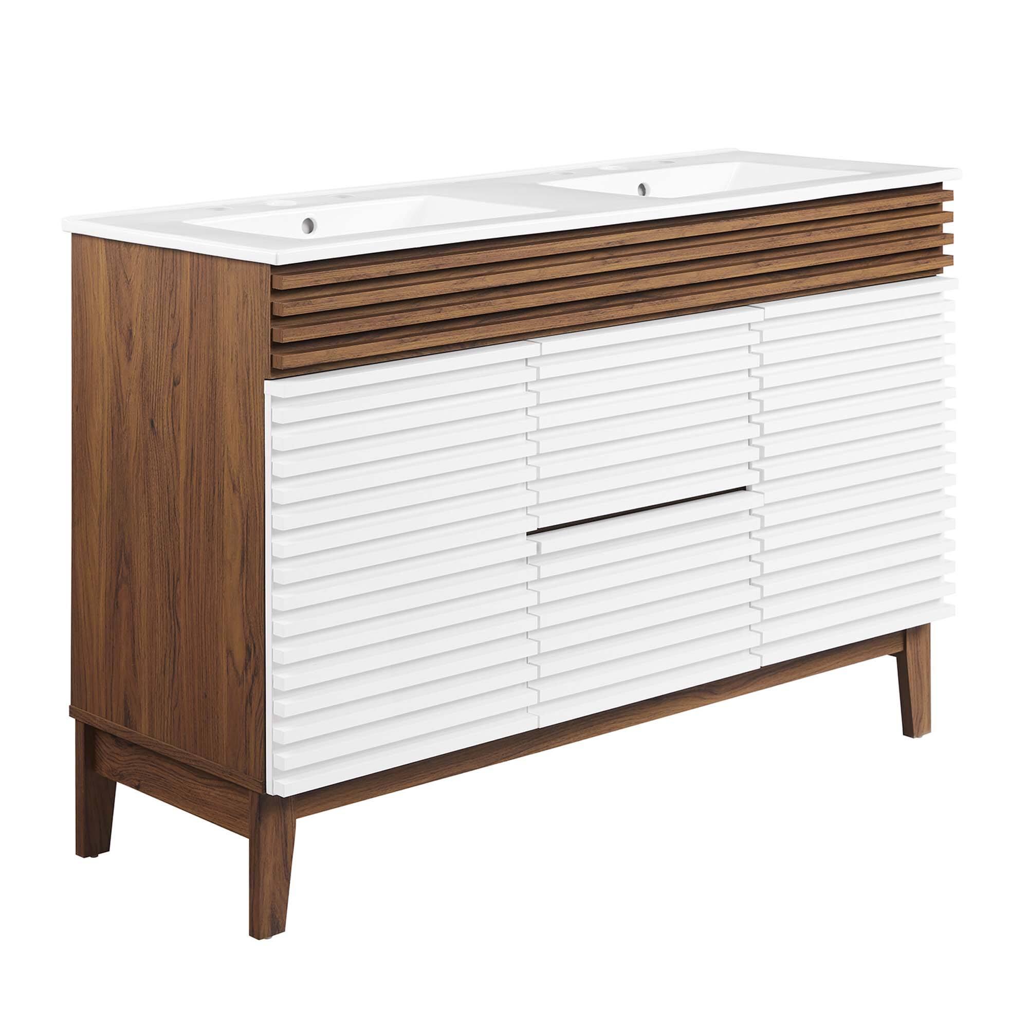 Angle. Modway - Render 48" Bathroom Vanity with White Basin Included - White Walnut White.