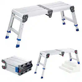 VEVOR - Folding Work Platform, Adjustable Height 14.2-20 in, 500 lbs Capacity Aluminum Step Stool, Heavy Duty Non-Slip Platform - Silver