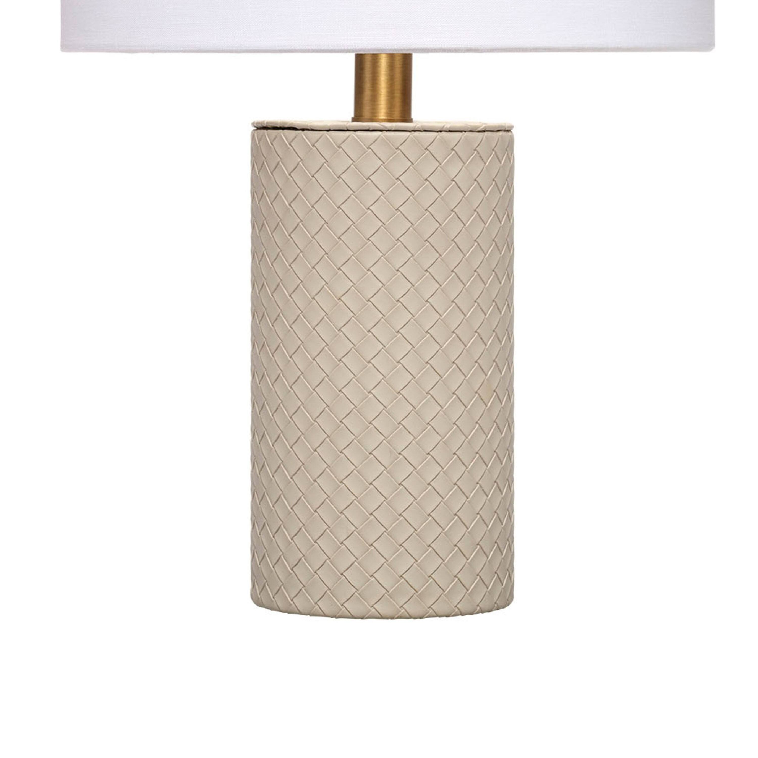 Back. Manhattan Lane - Myn Table Lamp, 18 Inch, Linen Drum Shade, Leather Base - Gray, White, Brass.