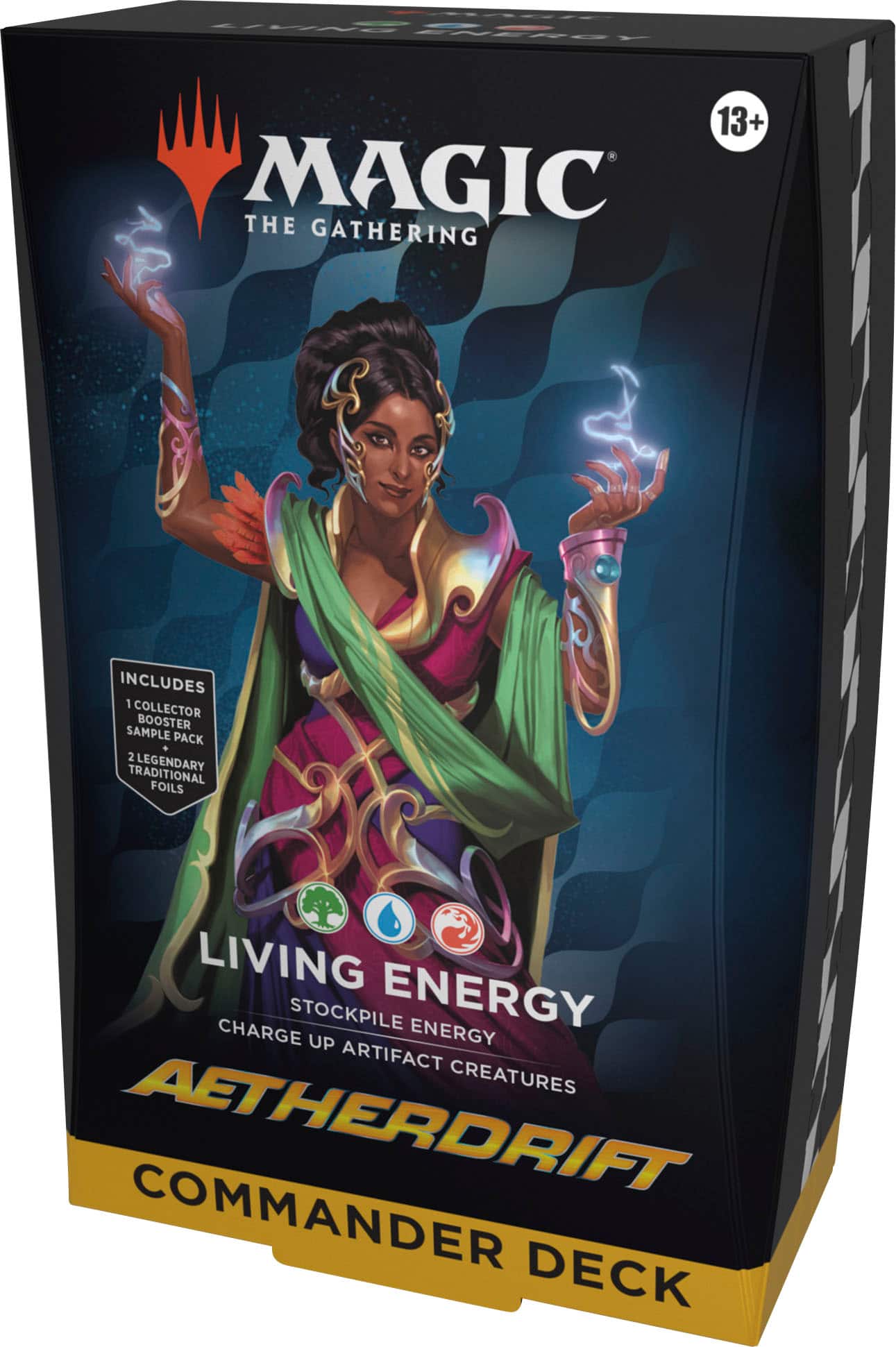 Magic the Gathering: Living Energy 13+ includes 1 Collector Booster Sample Pack, 2 Legendary Traditional Foils, Living Charge Stockpile Energy, and Energy Artifact Creatures Aetherdrift Commander Deck.