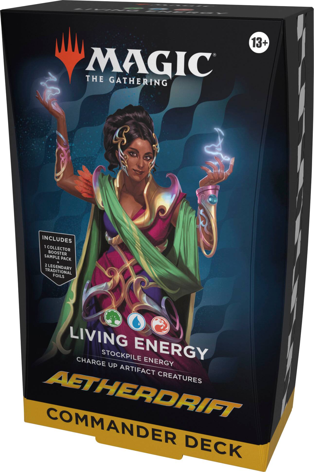 Magic the Gathering: Living Energy 13+ includes 1 Collector Booster Sample Pack, 2 Legendary Traditional Foils, Living Charge Stockpile Energy, and Energy Artifact Creatures Aetherdrift Commander Deck.