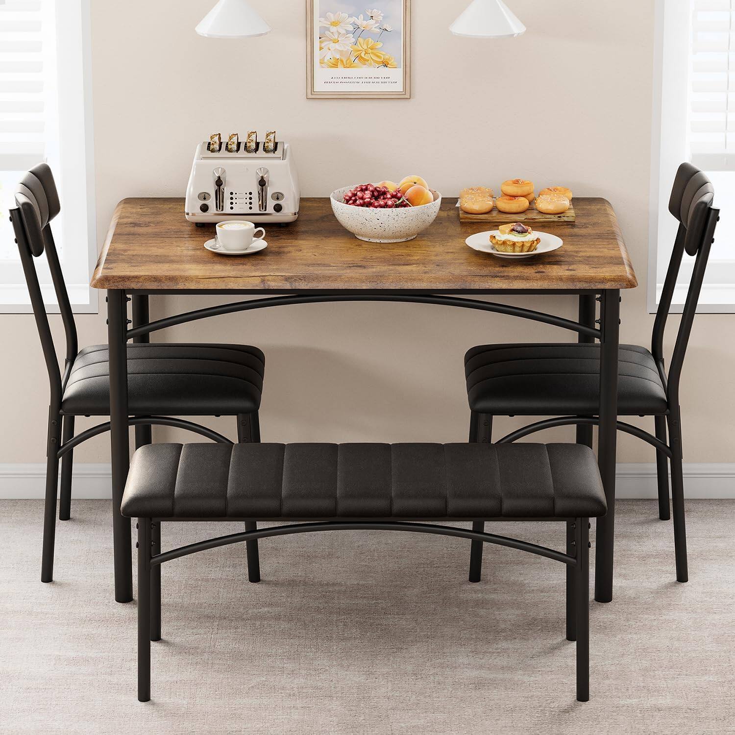 Angle. Qeetex - 4-Piece Wood Dining Table Set: Rectangular Table, 4 Chairs & Upholstered Bench for Small Spaces - Brown.