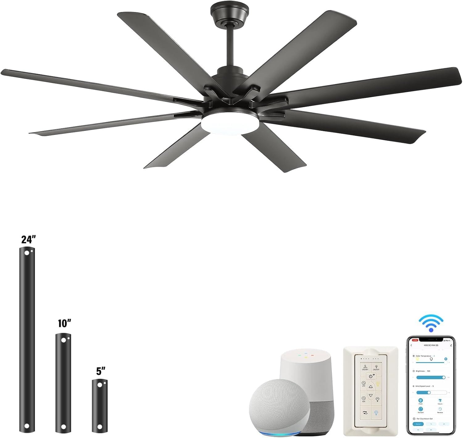Sofucor - 66" Smart APP Ceiling Fan with Light and Remote 6 Speed Reversible DC 8 ABS Blades Ceiling Fan for Alexa/Google/App - Black