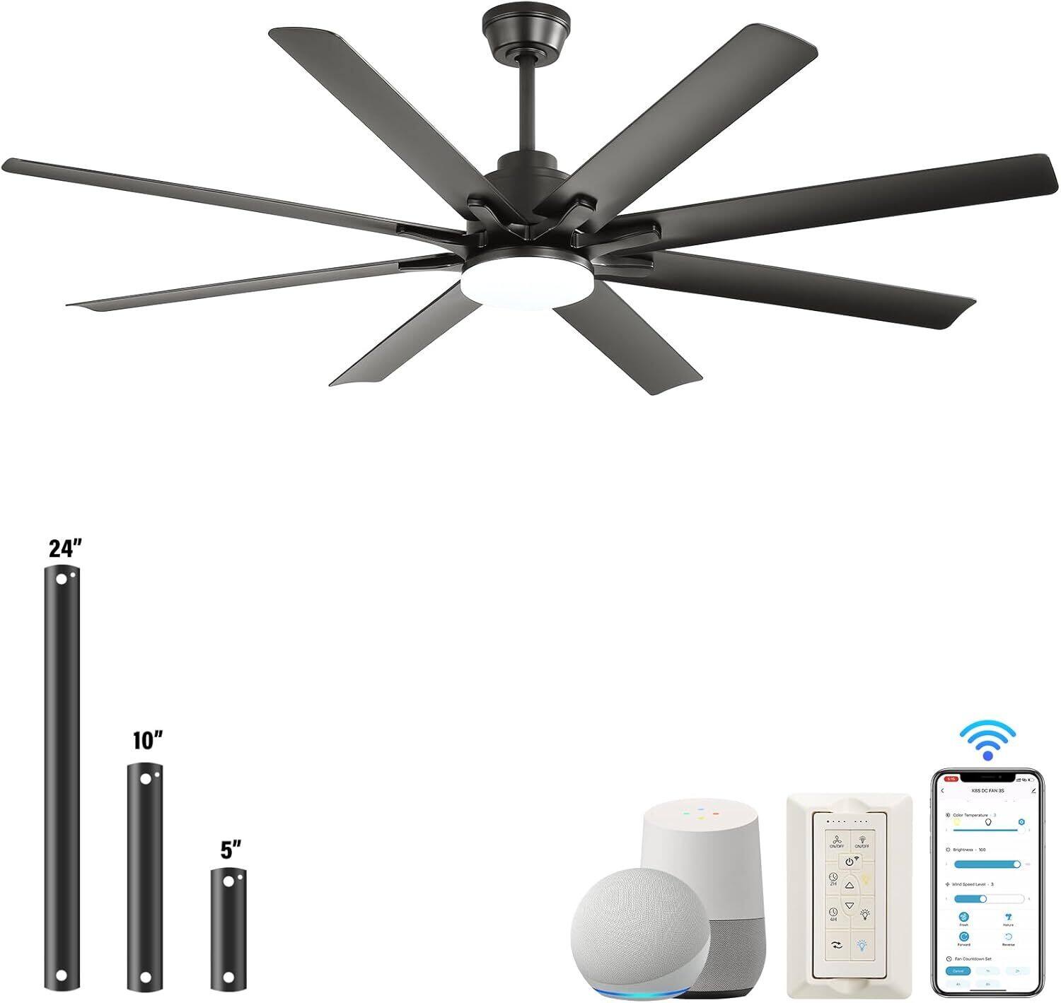 Sofucor - 66" Smart APP Ceiling Fan with Light and Remote 6 Speed ​​Reversible DC 8 ABS Blades Ceiling Fan for Alexa/Google/App - Black