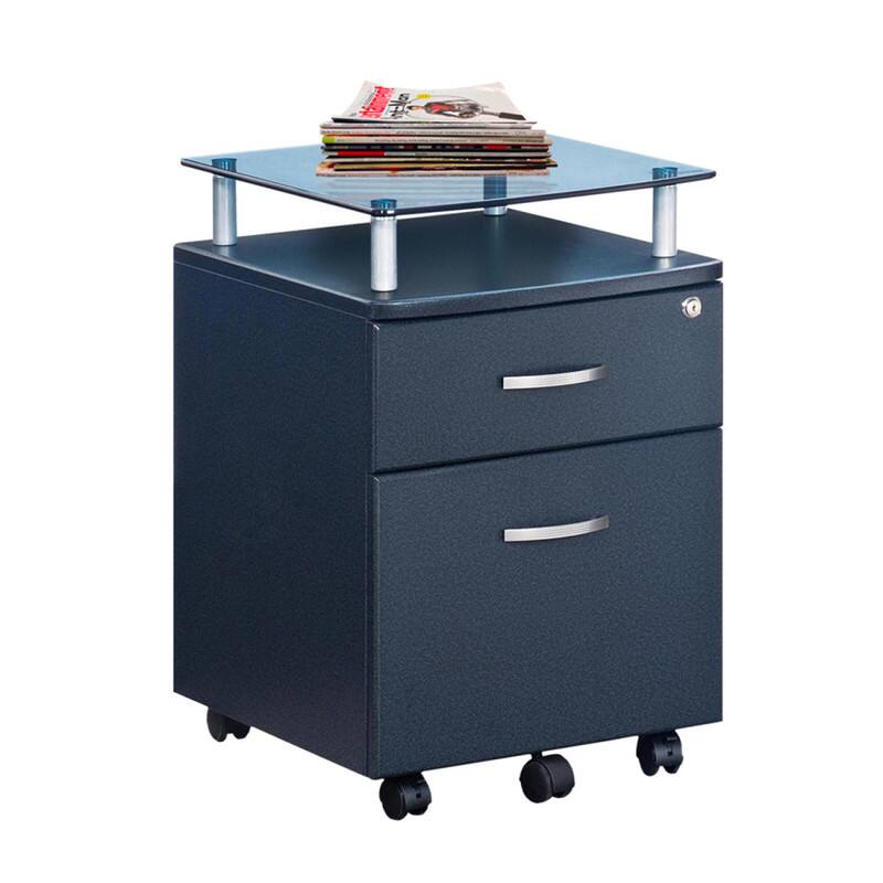 Alt View 1. HTUTWOO - Rolling File Cabinet with Glass Top - Locking MDF Filing Cabinet with 2 Drawers, Chrome Non-Marking Wheels - Dark Grey.