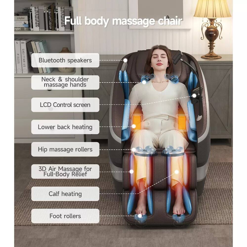Full body massage chair

- Bluetooth speakers
- Neck & shoulder massage hands
- LCD Control screen
- Lower back heating
- Hip massage rollers
- 3D Air Massage for Full-Body Relief
- Calf heating
- Foot rollers