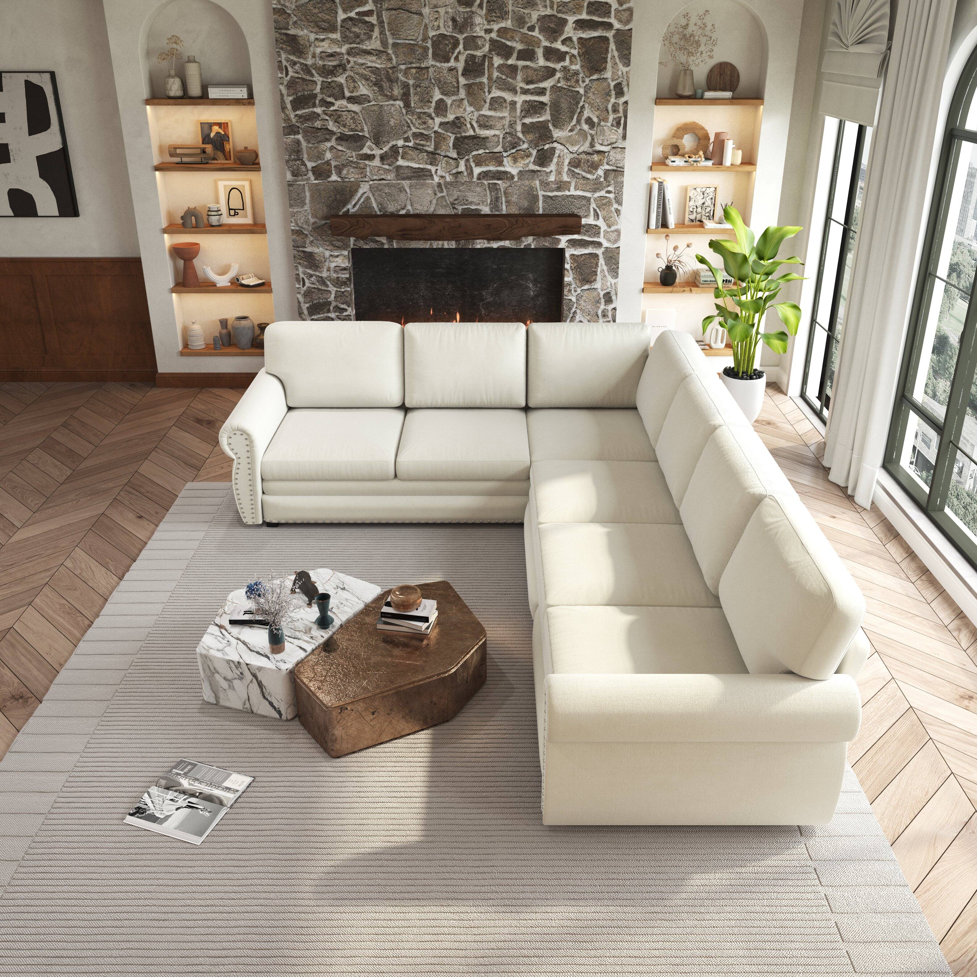 Angle. Anysun - 118" Convertible Chenille Upholstered L-Shaped Sofa Couch with Nailhead Trim & Rolled Arms for Living Room, Office - Beige White.