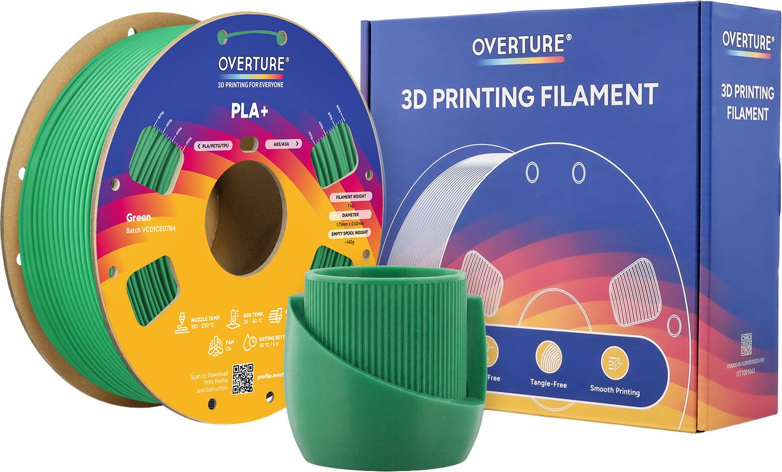 OVERTURE 3D PRINTING FOR EVERYONE PLA+  
OVERTURE 3D PRINTING FILAMENT  
OVERTURE* 3D PRINTING FILAMENT  
PLA/PETG/TPU ABS/ASA  

Green Batch VC01CE0784  
FILAMENT WEIGHT 1kg  
DIAMETER 1.75mm ±0.05mm  
EMPTY SPOOL WEIGHT 142g  
NOZZLE TEMP. 190-230°C  
FAN On  
BED TEMP. 35-60°C  
DRYING SETT 55°C/6h  
profile.overt  

Free Tangle-Free Smooth Printing  

Scan to Download Print Profile and Instruction  

200545/A2502 T100134