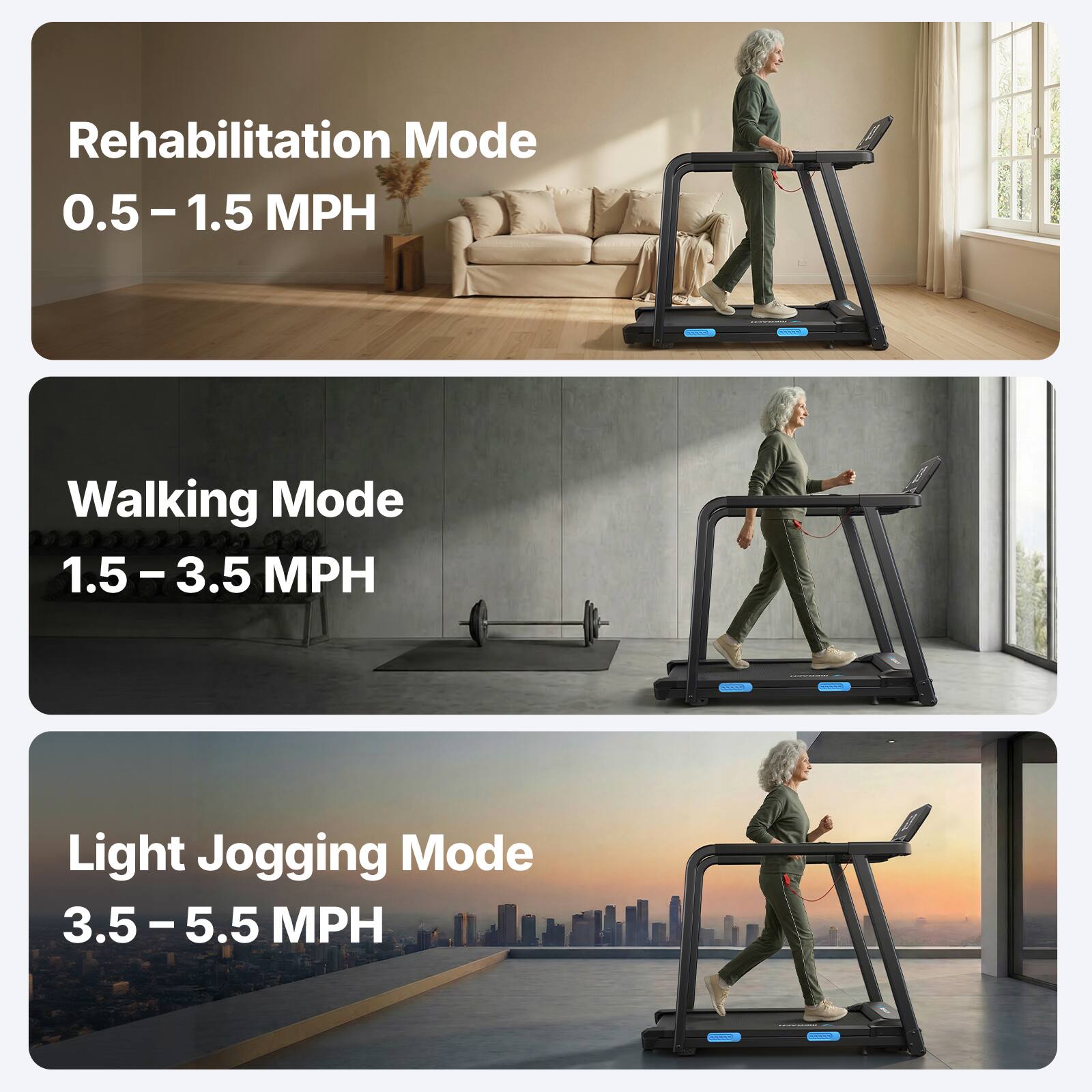 Rehabilitation Mode  
0.5 - 1.5 MPH  

Walking Mode  
1.5 - 3.5 MPH  

Light Jogging Mode  
3.5 - 5.5 MPH