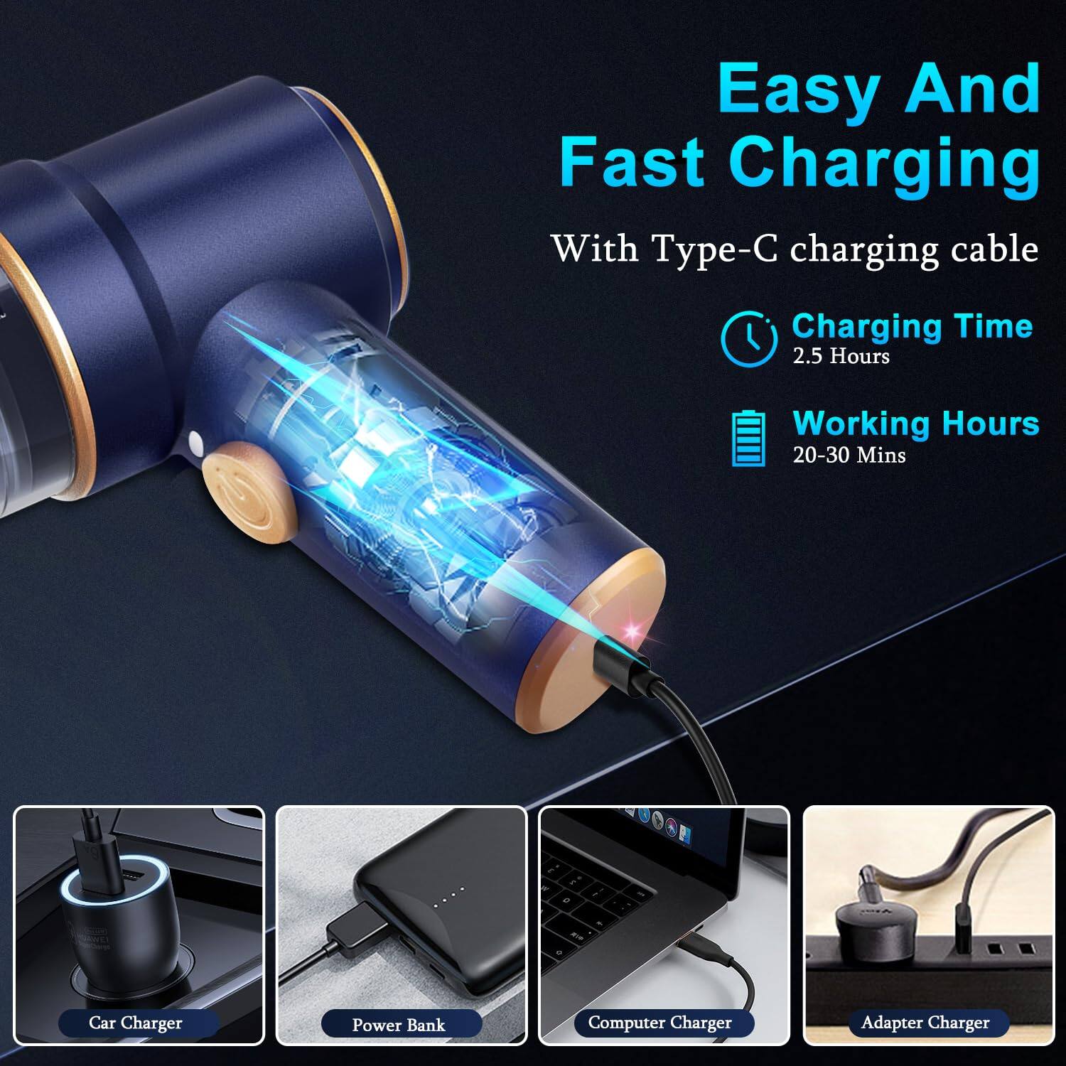 Easy And Fast Charging  
With Type-C charging cable  

Charging Time: 2.5 Hours  
Working Hours: 20-30 Mins  

- Car Charger  
- Power Bank  
- Computer Charger  
- Adapter Charger