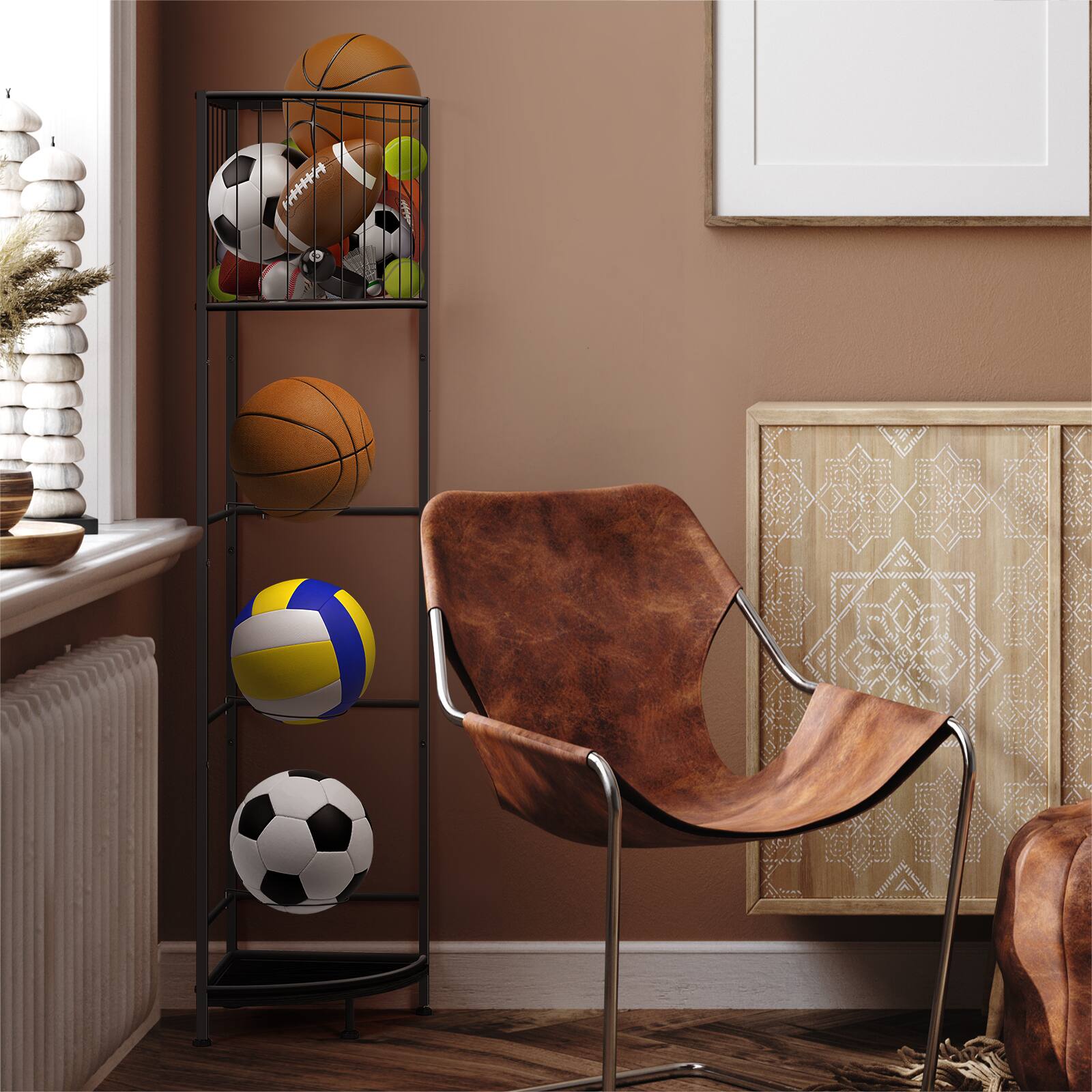 Back. Oumilen - 3-Tier Corner Sports Ball Storage Rack, Black Metal Vertical Basketball Soccer Volleyball Organizer - Black.