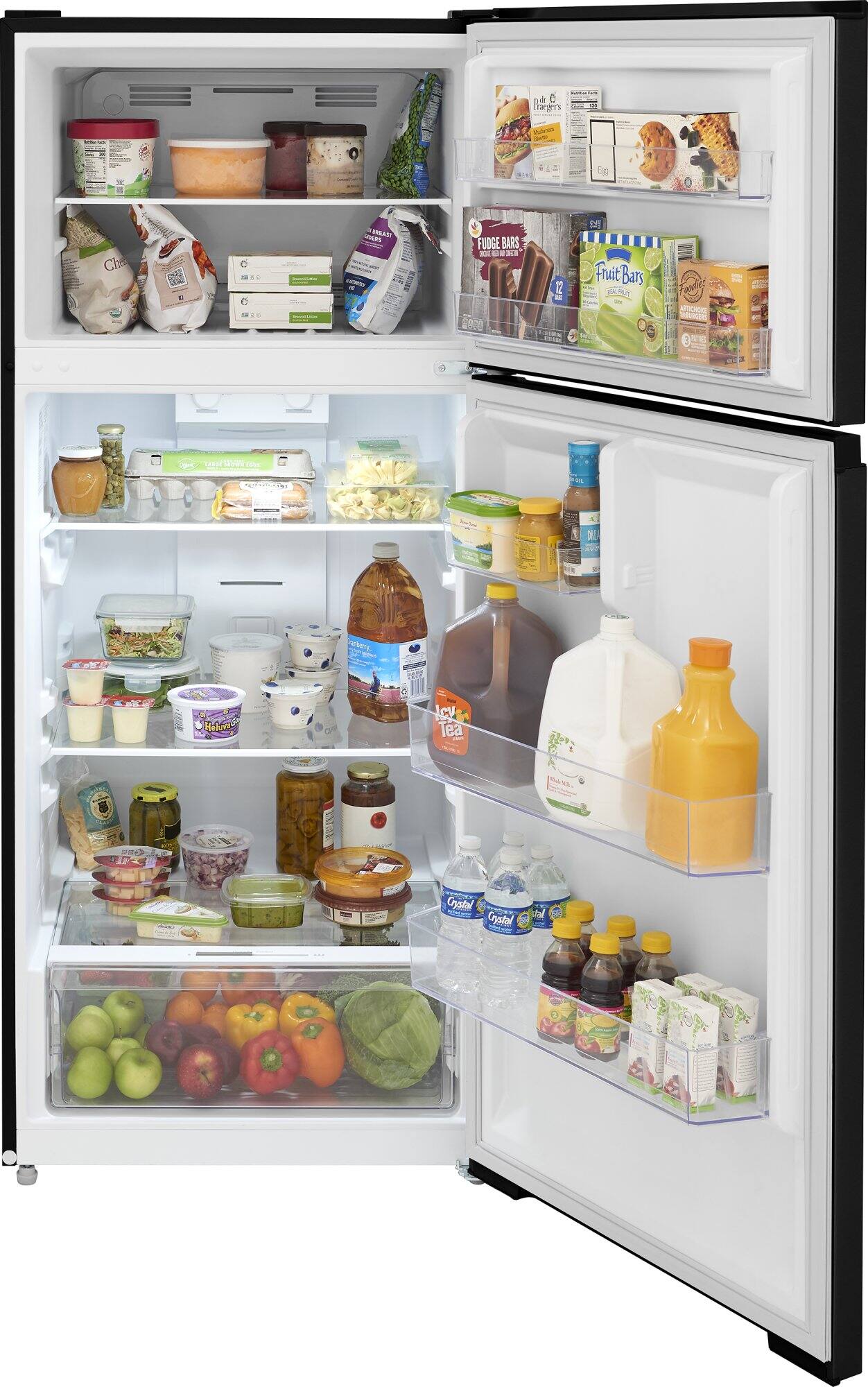 The image shows a refrigerator filled with a variety of food items. The refrigerator contains several bottles, including a bottle of Crystal hot sauce. There are also multiple apples, oranges, and broccoli stored in the fridge. The refrigerator is well-stocked, providing a diverse selection of food options for consumption.