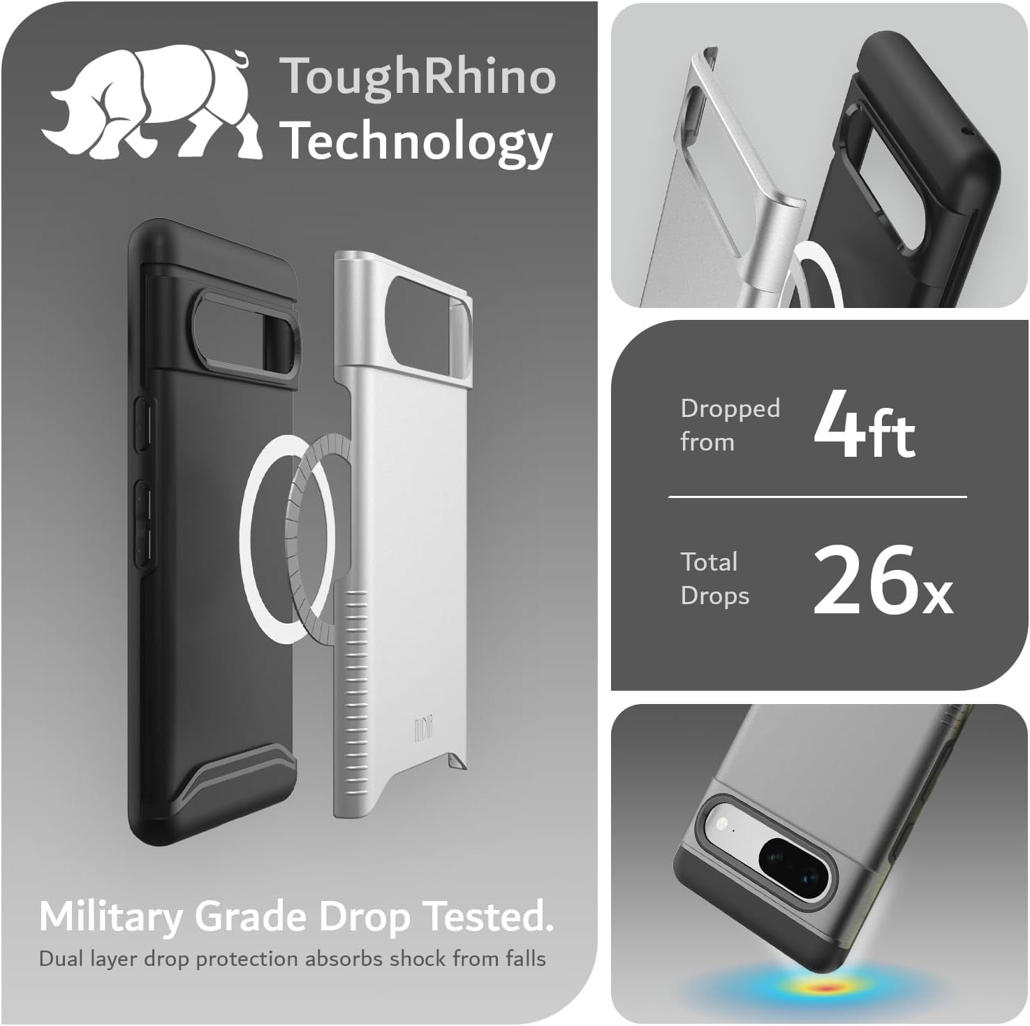 ToughRhino Technology

Military Grade Drop Tested.
Dual layer drop protection absorbs shock from falls.

Dropped from 4ft
Total Drops 26x