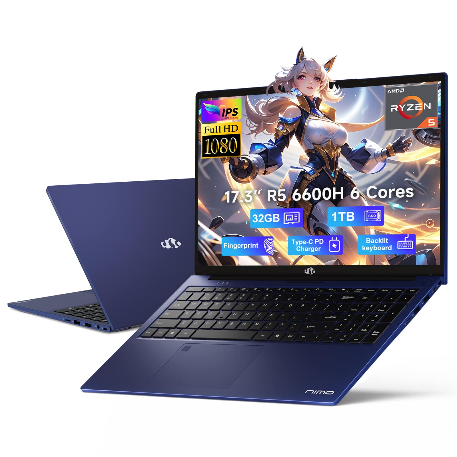 NIMO - 17.3" IPS FHD-Gaming-Laptop, AMD Ryzen 5 6600H 32GB DDR5 RAM 1TB SSD (Beat i7-1165G7 Up to 4.5GHz) Radeon 660M GPU - Blue