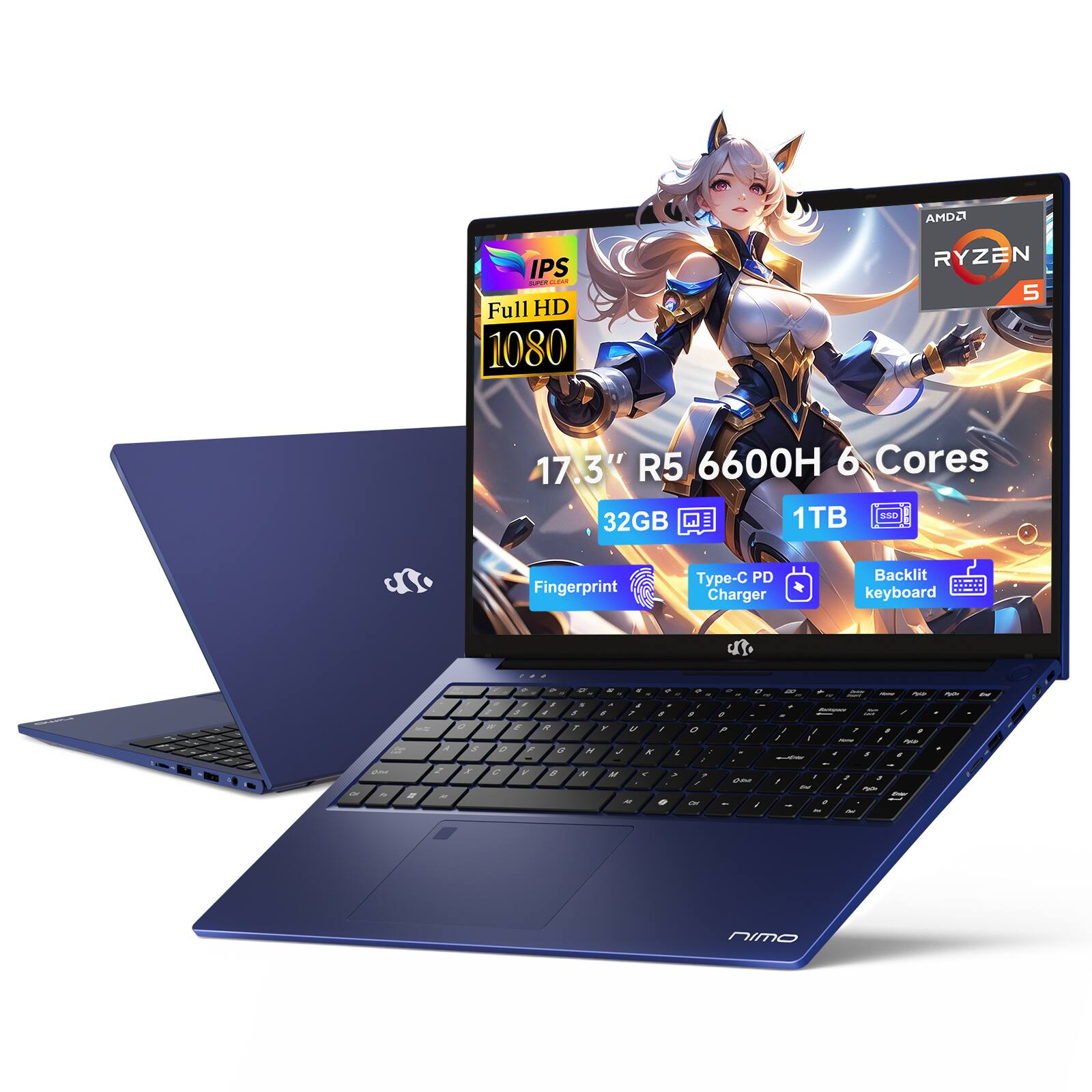 AMD2 IPS Full HD 1080 RYZEN 5 17.3" R5 6600H 6 Cores 1TB S50 32GB Fingerprint Type-C PD Charger Backlit keyboard