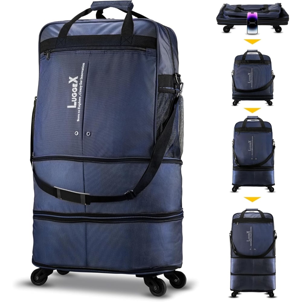 LUGGEX - Travel Duffel Bags Expandable Collapsible Luggage with Spinner Wheels without Telescopic Handle - LX-EXC - Blue