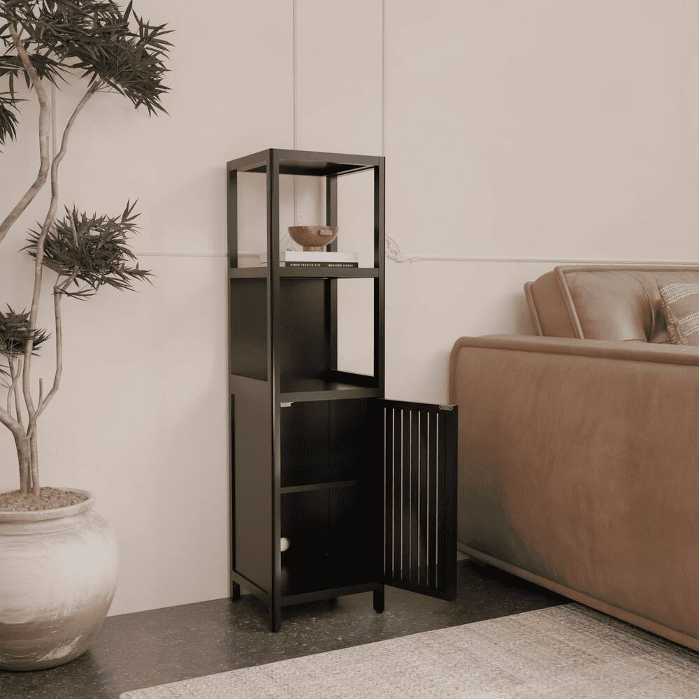 Angle. Kadyn - A 52-foot-tall Black linen tower bamboo storage cabinet, Suitable for main living spaces - Black.