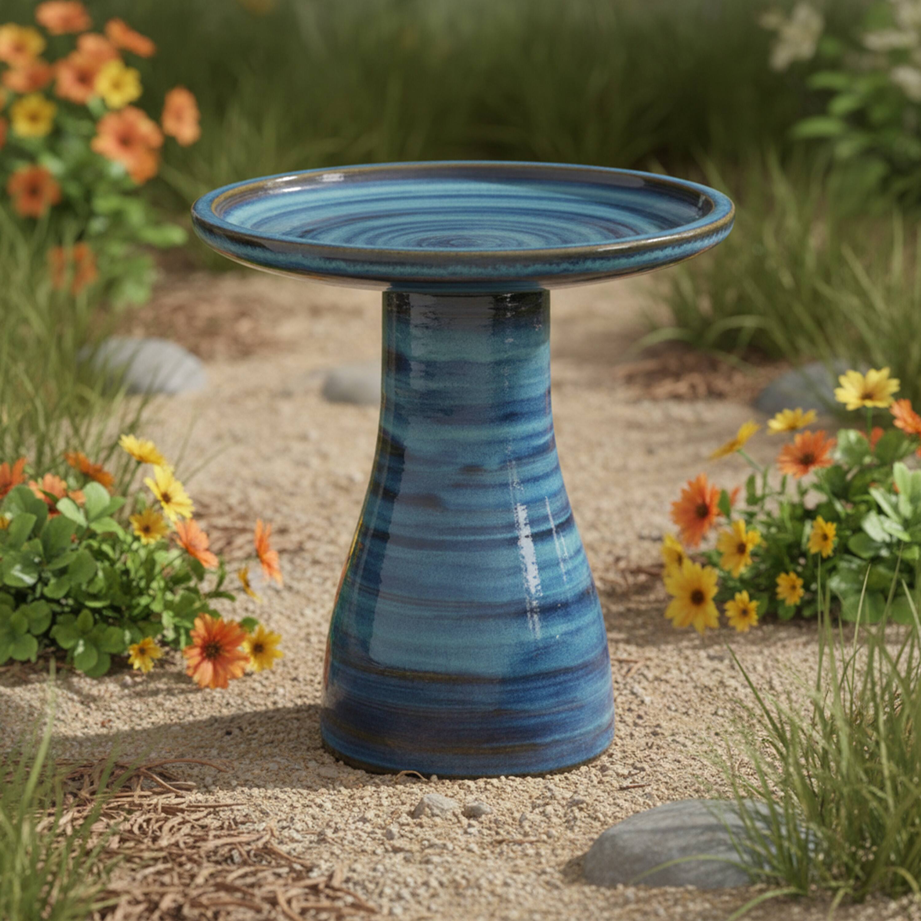 Alt View 5. Sunnydaze - Elegant Glazed Ceramic Bird Bath - 20.5 in - Galaxy Blue.