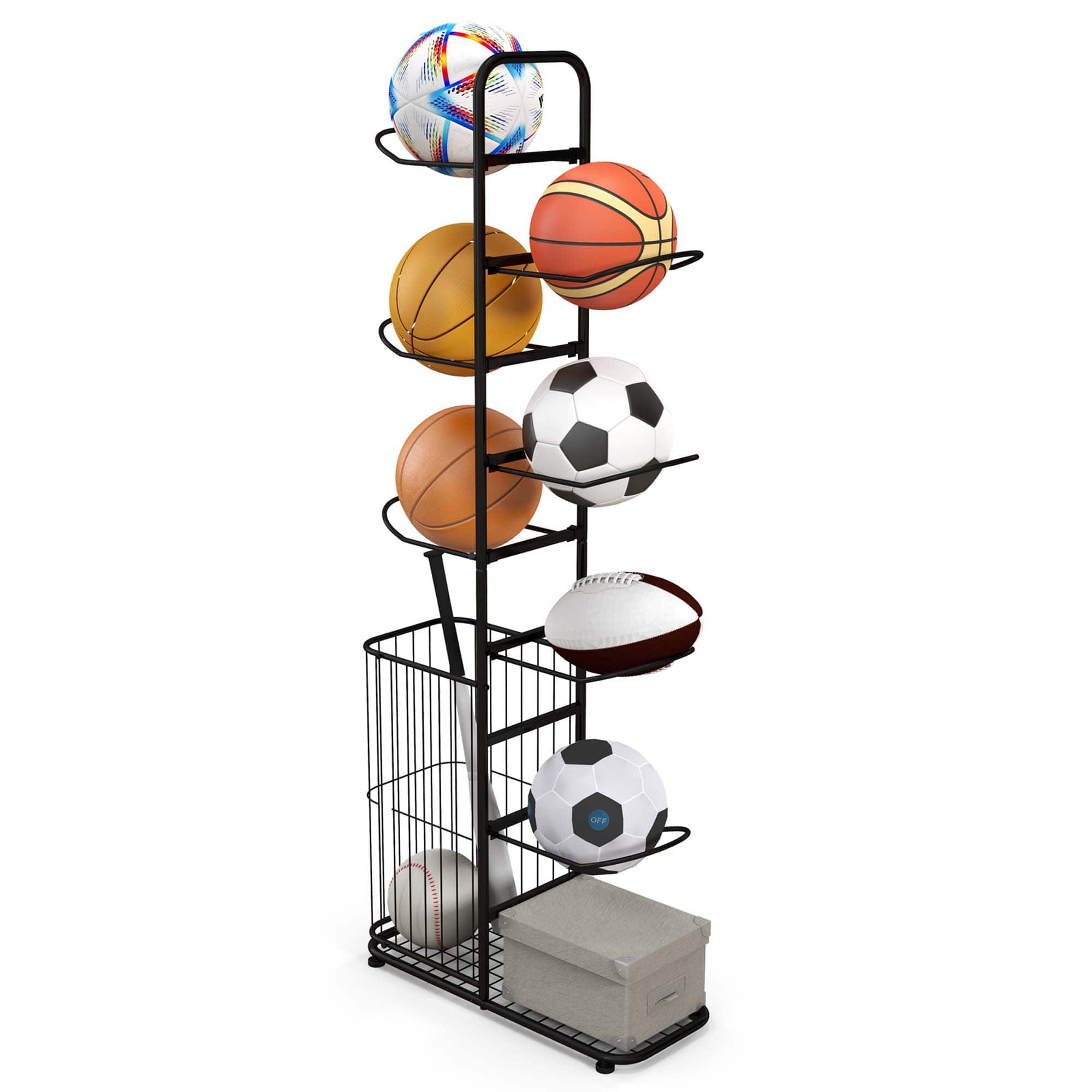 Costway - 7-Tier Ball Storage Rack with 7 Removable Hanging Rods & Side Ball Basket - Black