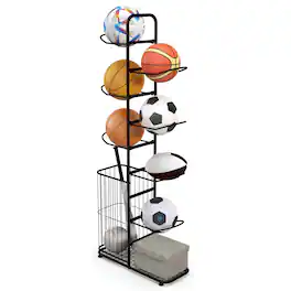 Costway - 7-Tier Ball Storage Rack with 7 Removable Hanging Rods & Side Ball Basket - Black