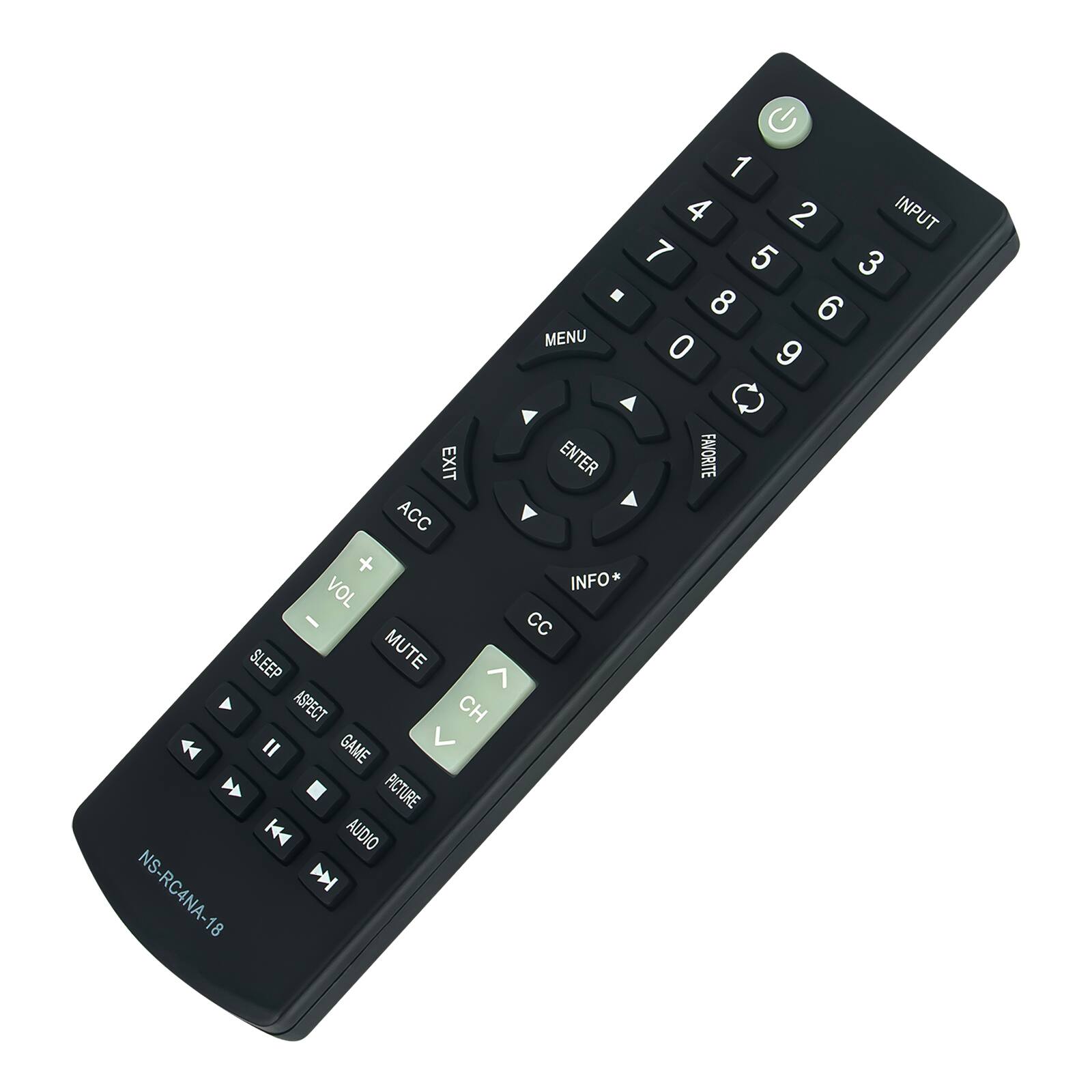 MENU 1 4 2 INPUT 7 5 3 8 6 0 9 EXIT ACC + VOL SLEEP MUTE ASPECT CH GAME PICTURE AUDIO NS-RC4NA-18 ENTER INFO CC FAVORITE