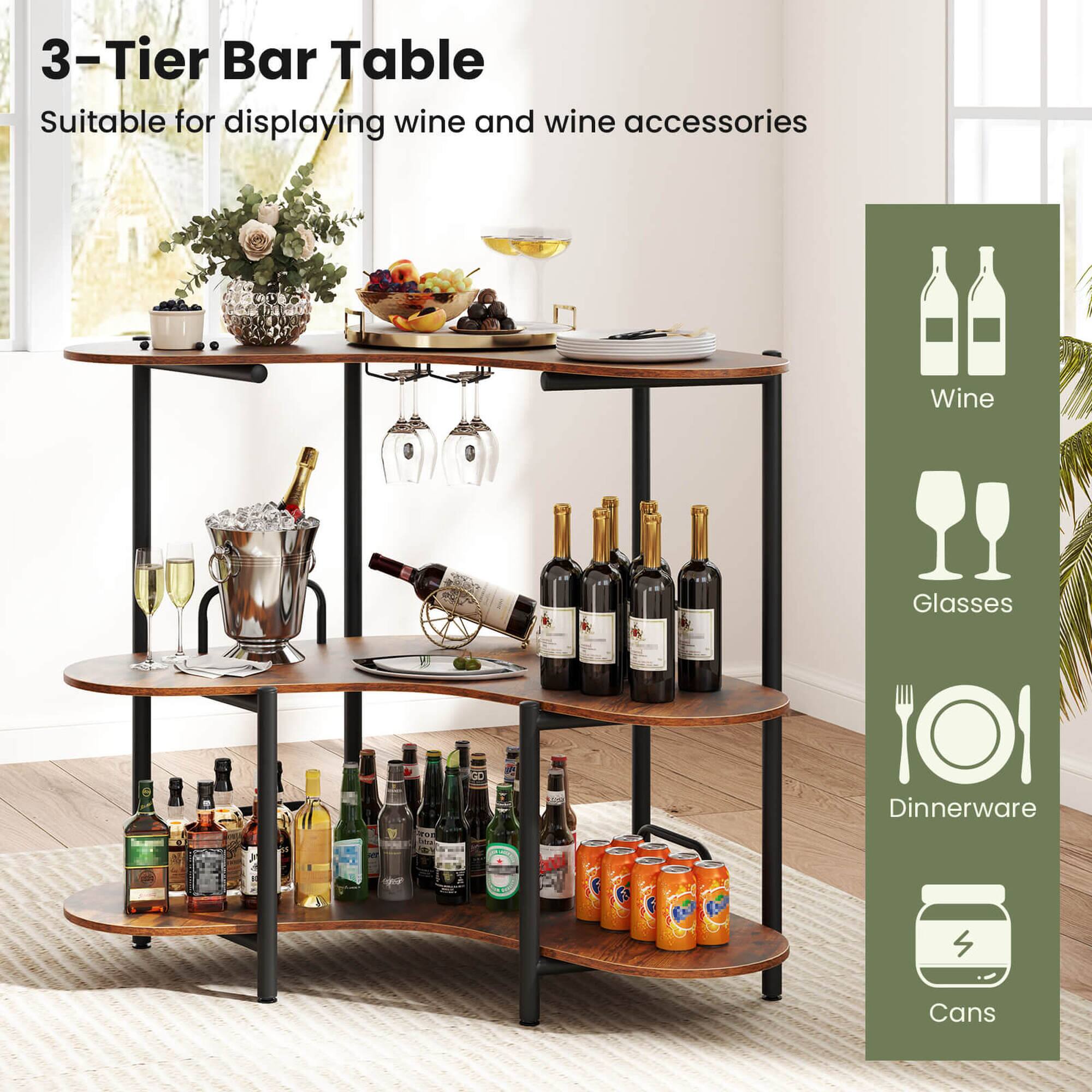 3-Tier Bar Table Suitable for displaying wine and wine accessories, Wine Glasses, SC Dinnerware, and Cans.