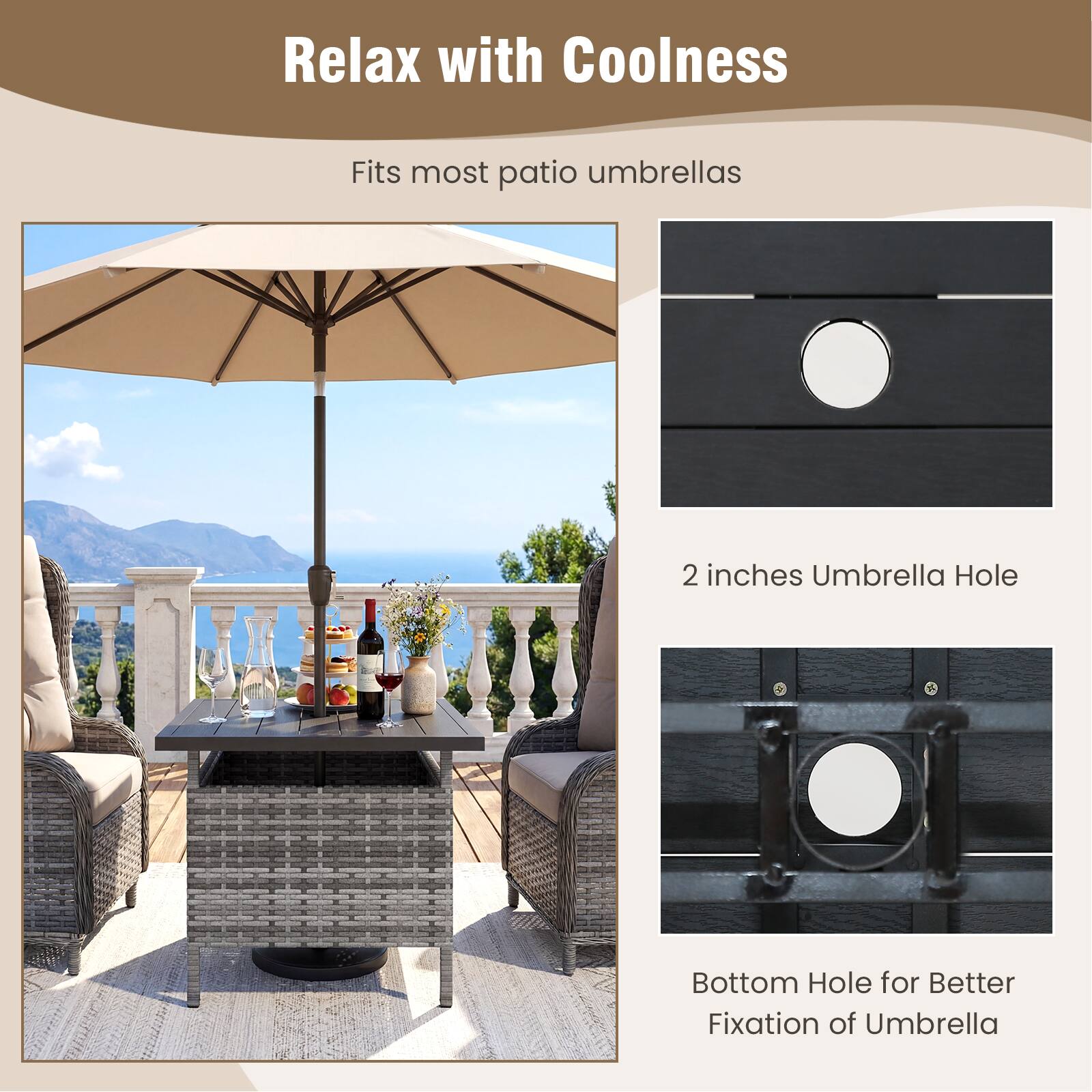Relax with Coolness

Fits most patio umbrellas

2 inches Umbrella Hole

Bottom Hole for Better Fixation of Umbrella
