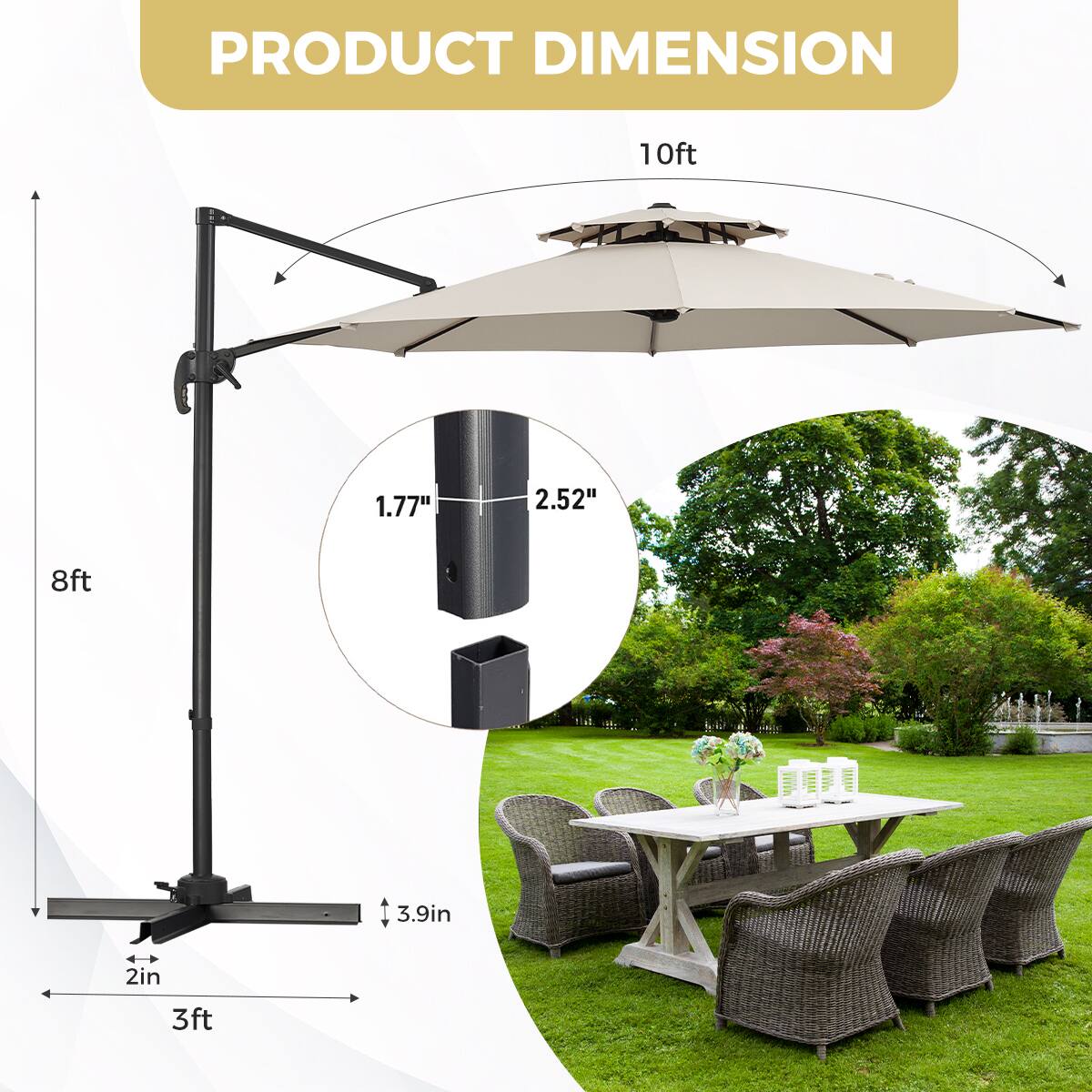 PRODUCT DIMENSION

10ft  
1.77"  
2.52"  
8ft  
3.9in  
2in  
3ft