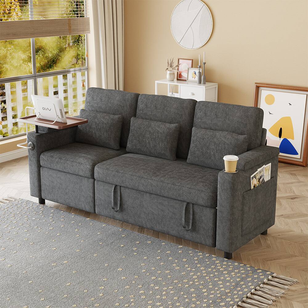 Back. Anysun - 83" Chenille Fabric Foldable Sofa Bed with Electric Recliner, Adjustable Backrest, Table Board, Armrest Storage - Dark Gray.