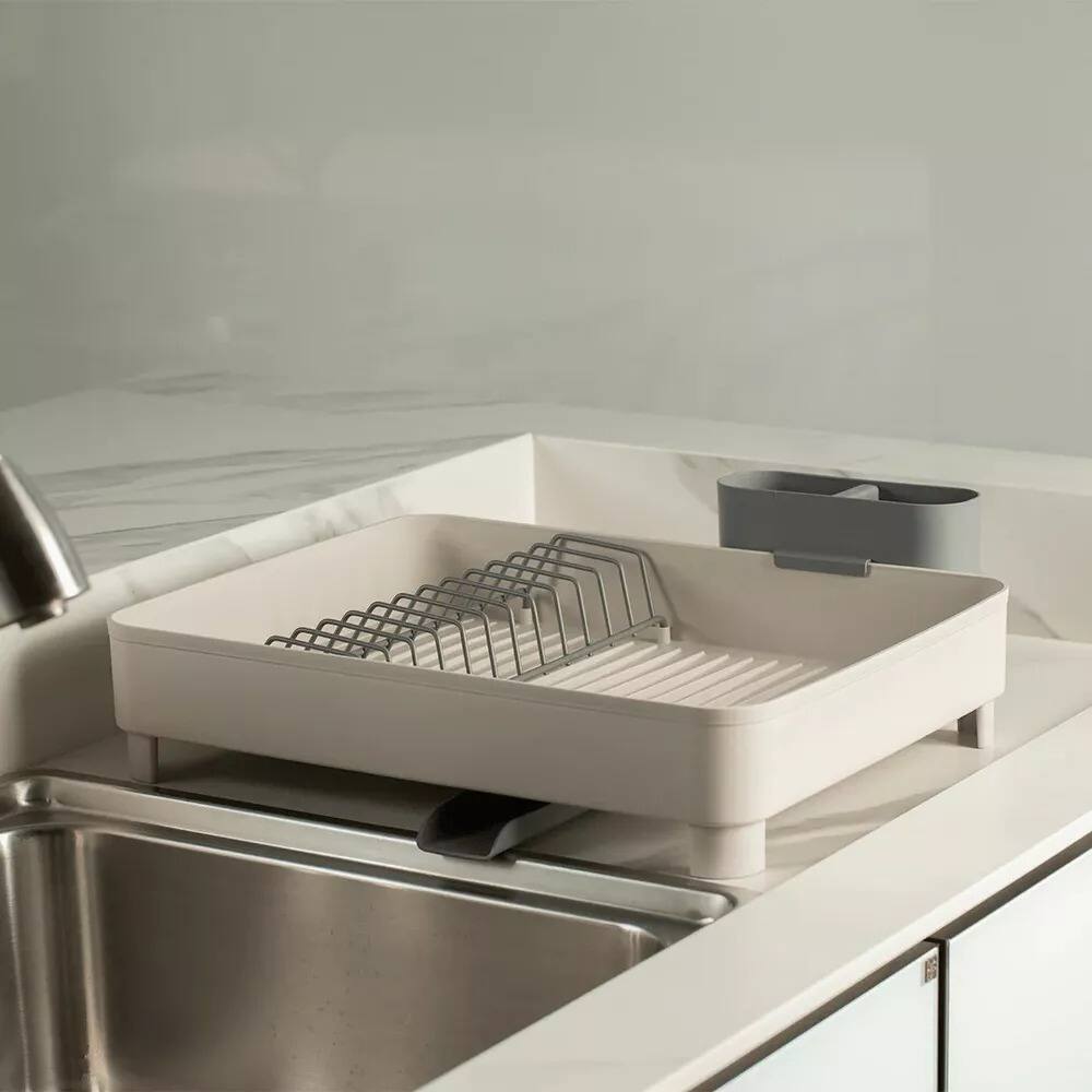 Angle. OU - Sink Organizer Set, Dish Rack with Drain Spout & 19 oz Soap Dispenser with Extended Sponge Holder - Beige.
