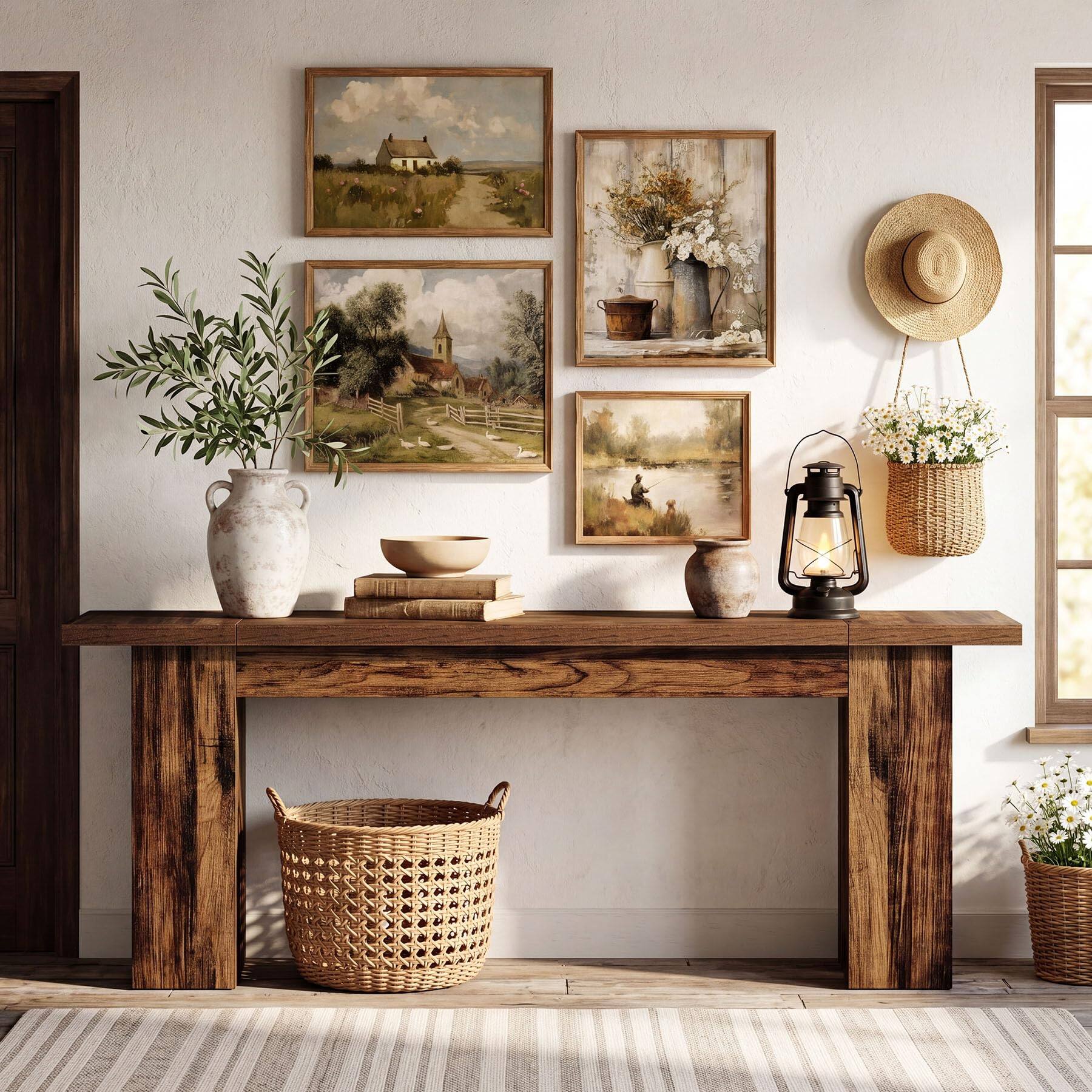 Left. Tribesigns - 86.6 Inch Extra Long Console Table, Rustic Narrow Farmhouse Sofa Table Behind Couch, Wooden Entryway Table for Living Ro - Rustic Walnut Brown.