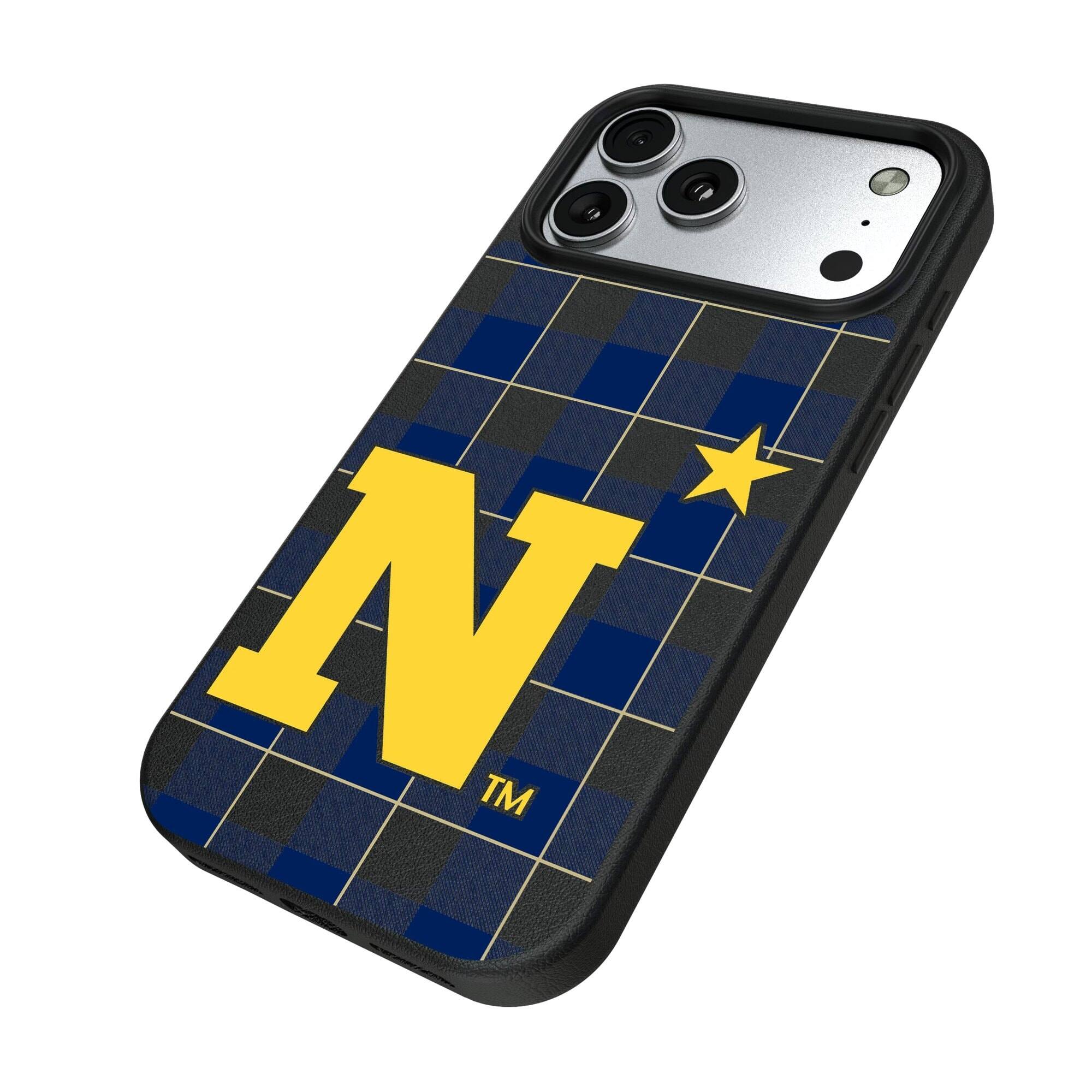 Alt View 1. Keyscaper - Navy Midshipmen Plaid Magnetic Bump iPhone Case - 15 Pro Max - Black.