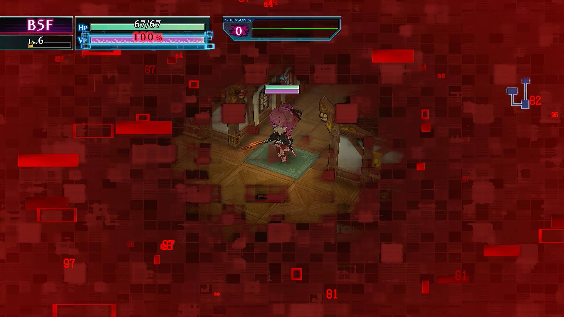 The text on the image reads:

"a42 B5F Lv.6 6 HP VP 67/67 100% REASON % 0 87 &4 &4 ae 82 95 87 97 86 J Be 81 81"

This text appears to be a mix of numbers, letters, and symbols, possibly representing a character's attributes or abilities in a video game. It is not possible to group or correct this text without more context or information about the game or system it is related to.