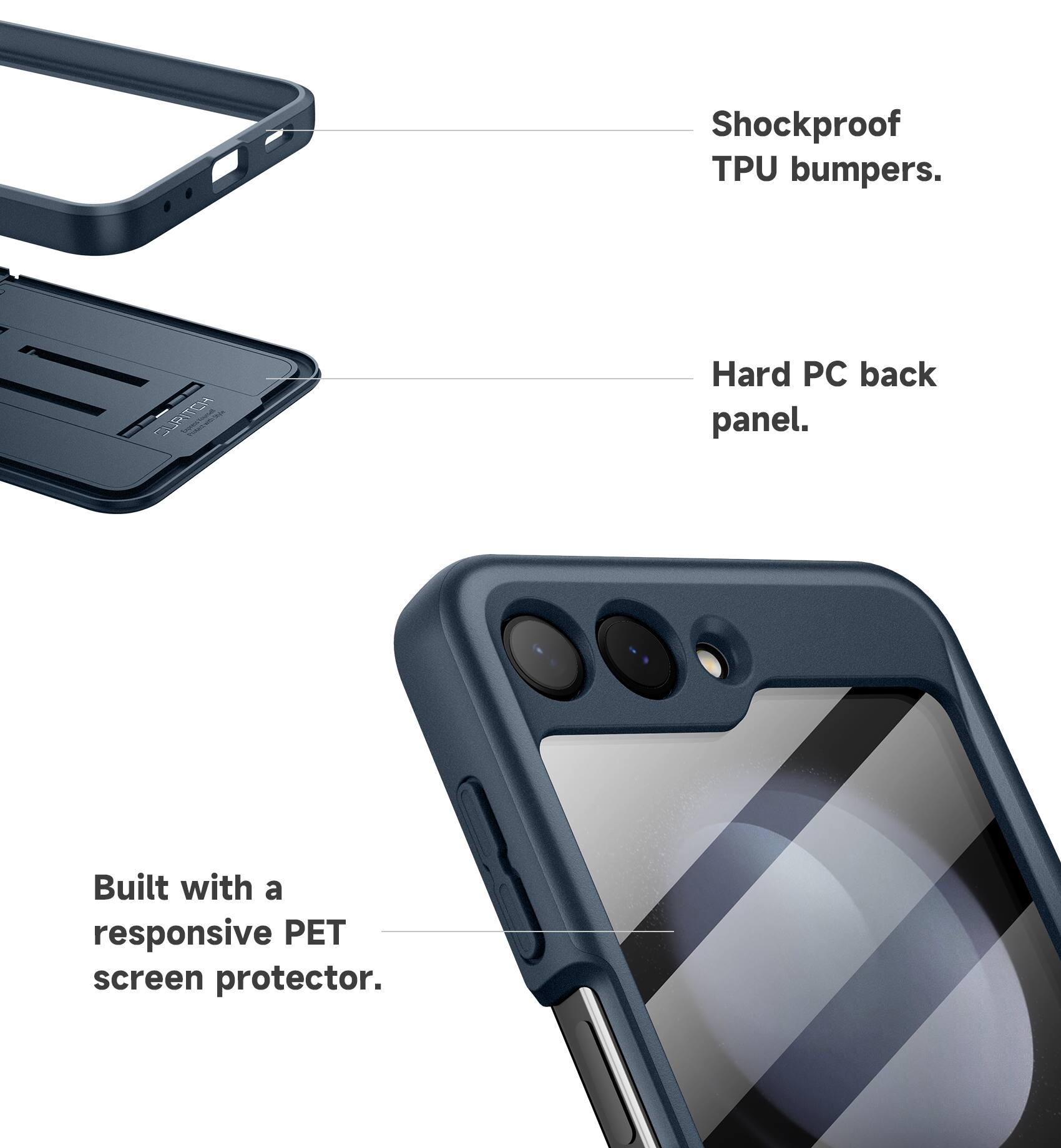 Shockproof TPU bumpers. Hard PC back panel. Built with a responsive PET screen protector.