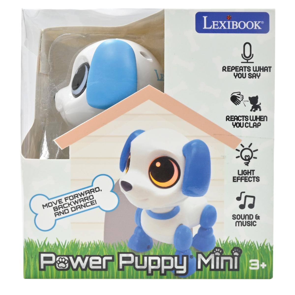LEXIBOOK Lr REPEATS WHAT YOU SAY REACTS WHEN YOU CLAP FORWARD, MOVE BACKWARD AND LIGHT EFFECTS SOUND & MUSIC Power Puppy Mini 3+