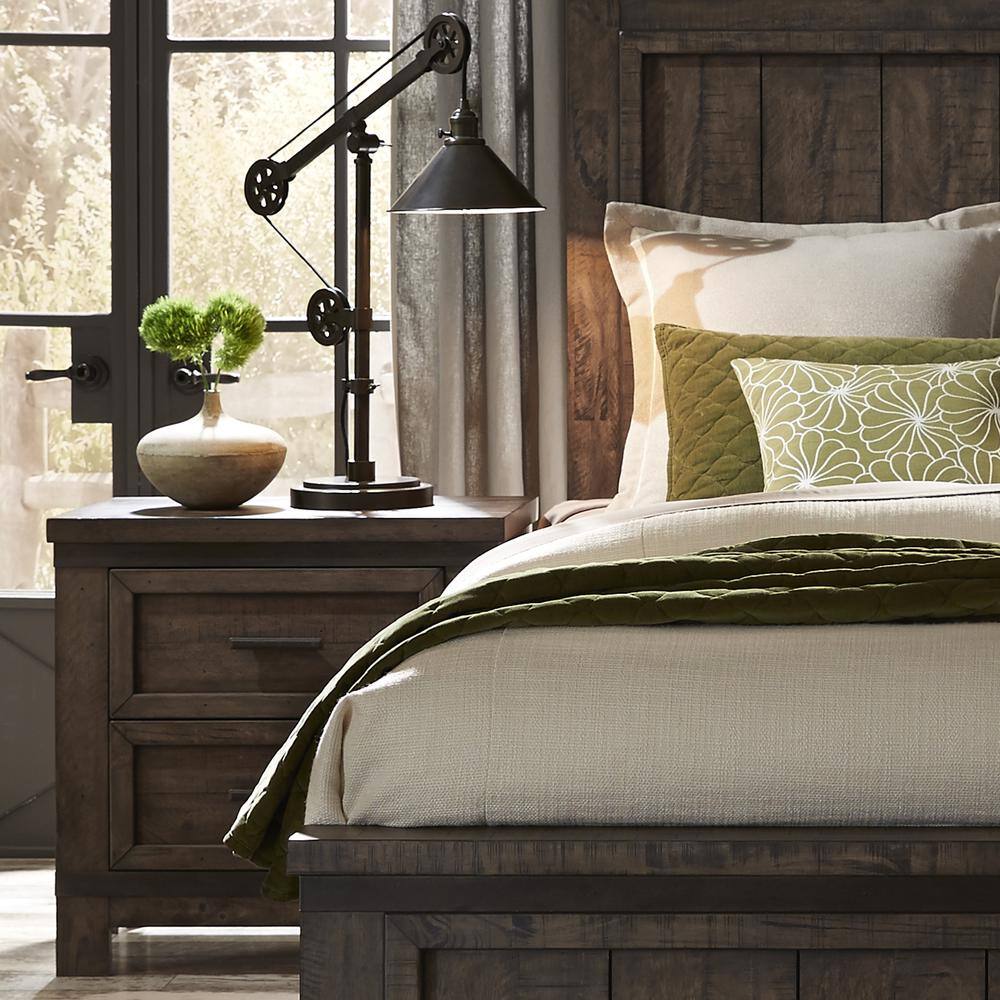 Left. Liberty Furniture Industries - Thornwood Hills Night Stand in Rock Beaten Brown w/ Saw Cuts - Brown.