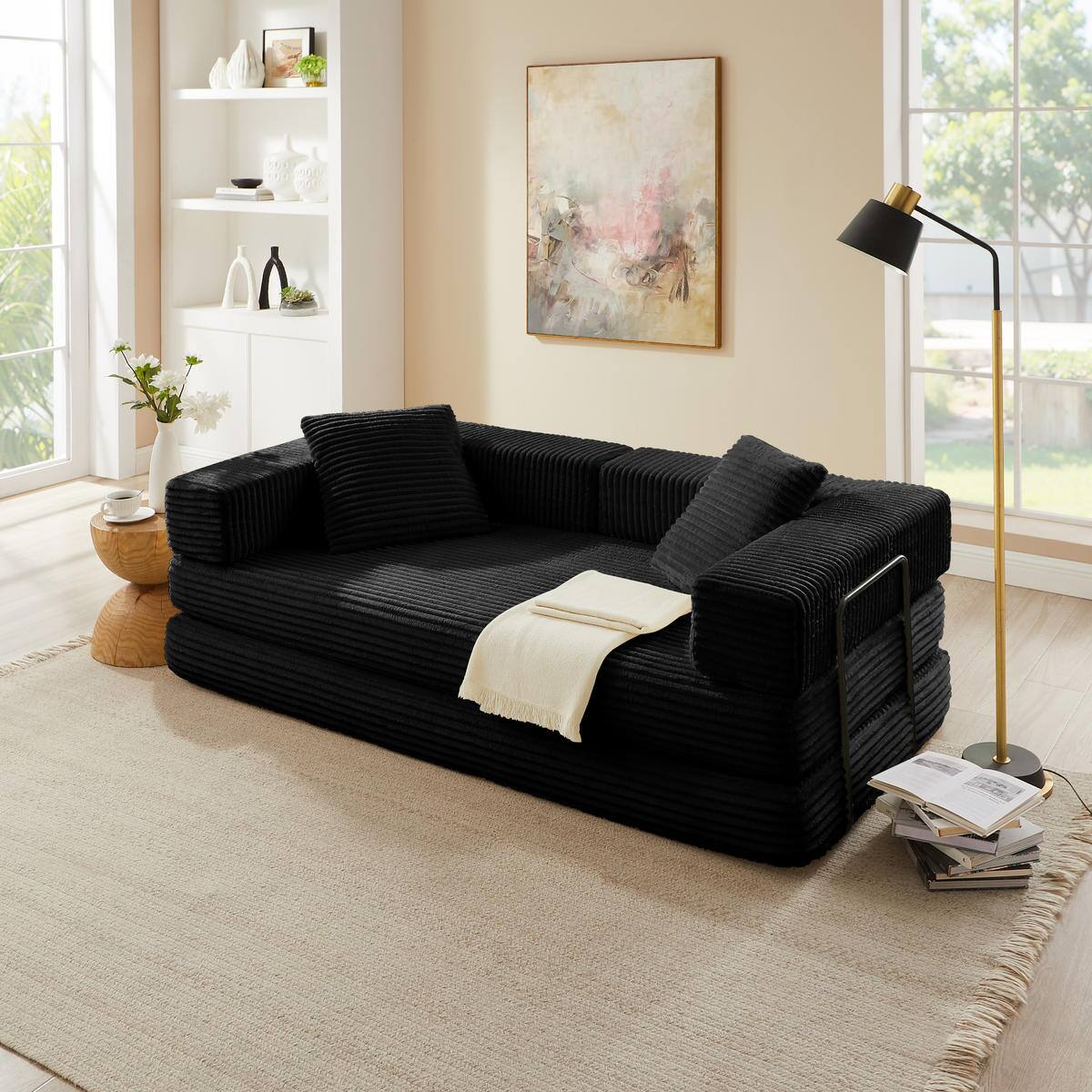 Meqiodas - 81''Convertible Sofa Bed, Folding Floor Couch with Square Armrest, Comfy Sleeper Mattress for Living Room - Black