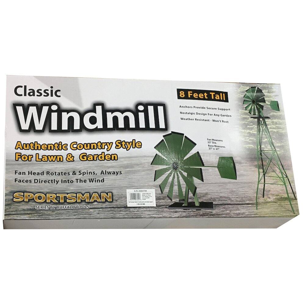 Classic 8 Feet Tall Anchors Provide Secure Support Nostalgic Design For Any Garden Windmill Weather Resistant Won't Rust Fan Measures 27" Dia Authentic Country Style Bate 27". Measures For Lawn & Garden Fan Head Rotates & Spins, Always Faces Directly Into The Wind. SPORTSMAN SERIES BY BUFFALO TOOLS