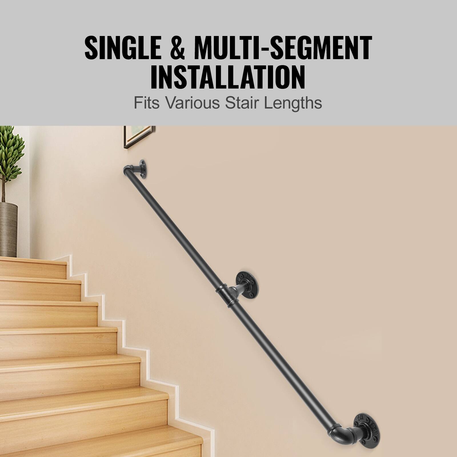 The corrected text from the image is:

"SINGLE & MULTI-SEGMENT INSTALLATION
Fits Various Stair Lengths"
