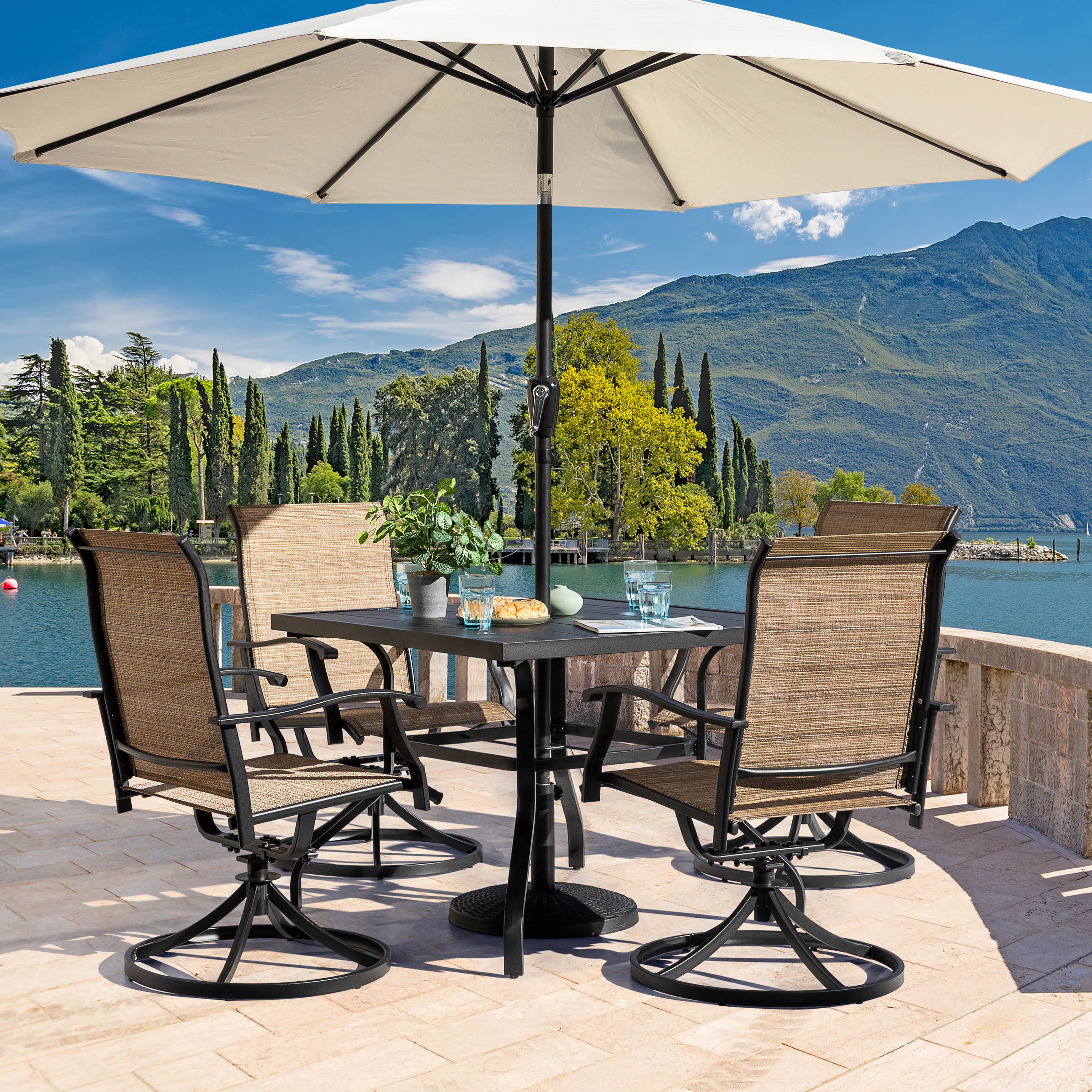 Left. Nuu Garden - Outdoor 5-Piece Iron Dining Set, 4 Textilene Swivel Chairs and 37 Inch Square Dining Table with Umbrella Hole - Black and Brown.
