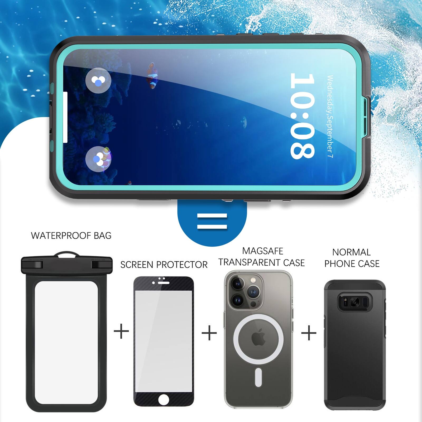 10:08 = WATERPROOF BAG MAGSAFE SCREEN PROTECTOR TRANSPARENT CASE
Wednesday, September 7 NORMAL PHONE CASE