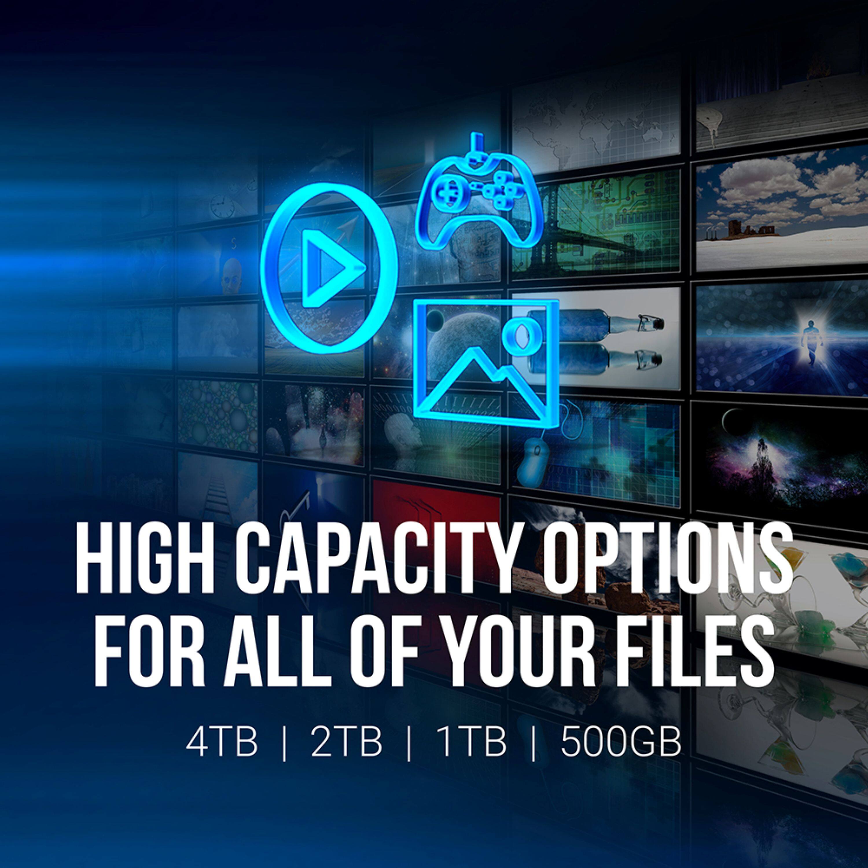HIGH CAPACITY OPTIONS FOR ALL OF YOUR FILES  
4TB | 2TB | 1TB | 500GB
