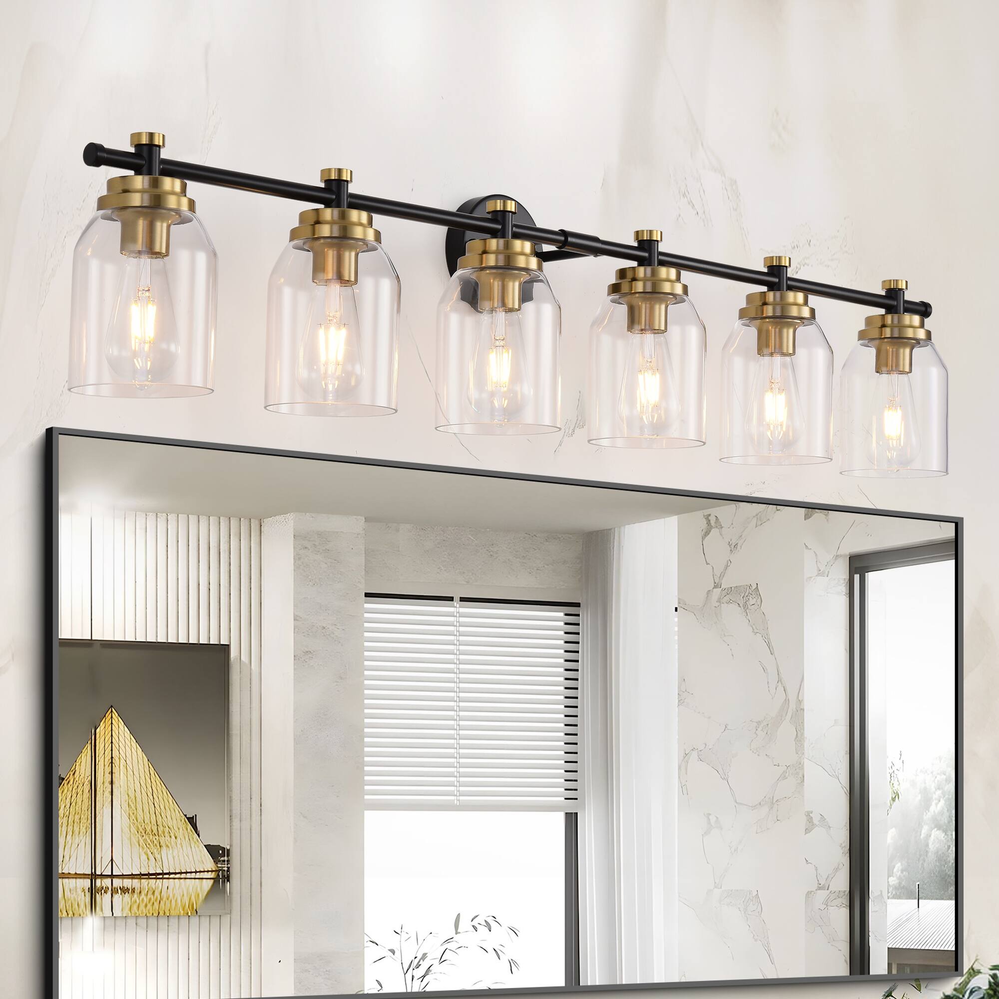 RYHNUYNE - 6 Light Bathroom Vanity Light Black Gold Bathroom Light Fixture Over Mirror Lighting Fixtures with Clear Glass Shade