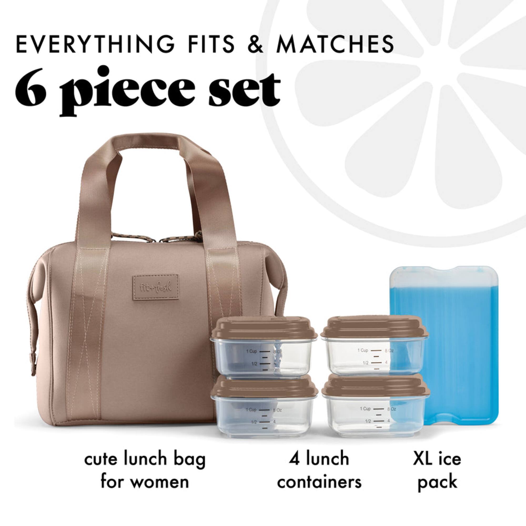 EVERYTHING FITS & MATCHES  
6 piece set  

cute lunch bag for women  
4 lunch containers  
XL ice pack