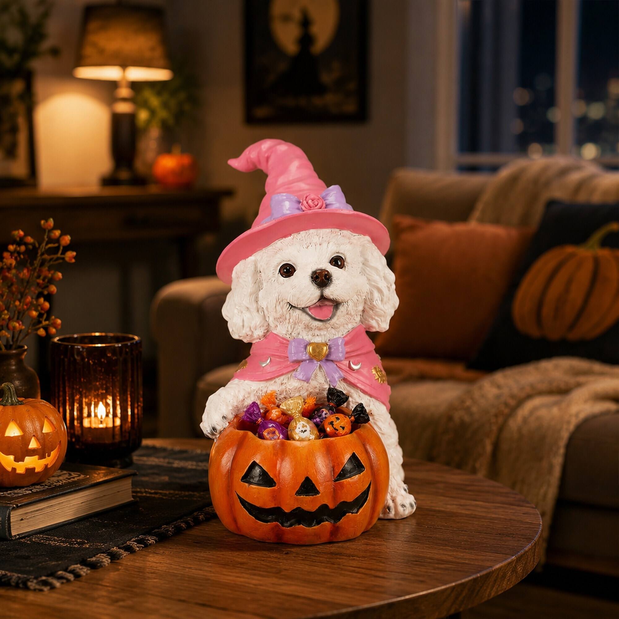 Left. RYHNUYNE - Halloween White Puppy Figurine with Witch Hat and Pumpkin Candy Bowl for Tabletop Fall Decor - White.