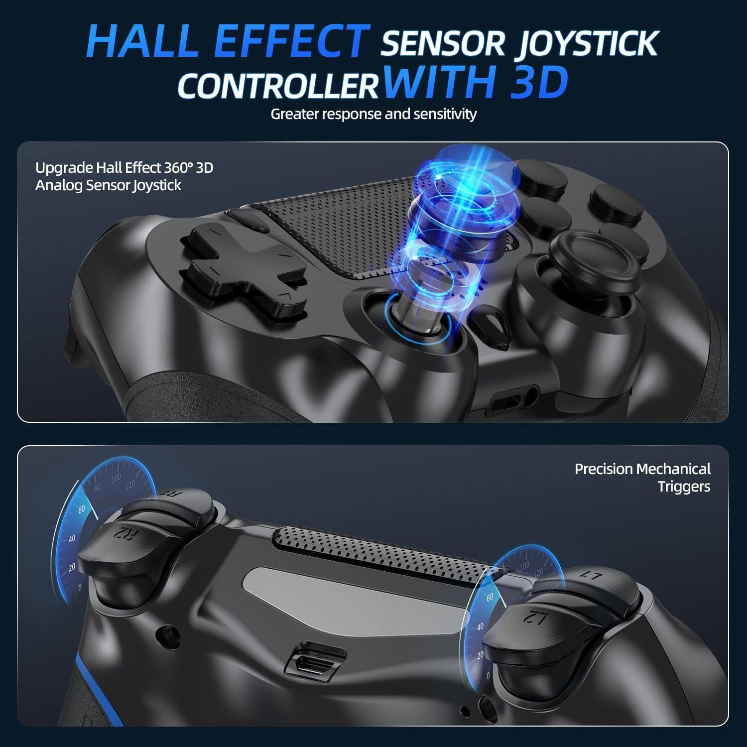 HALL EFFECT SENSOR JOYSTICK CONTROLLER WITH 3D  
Greater response and sensitivity  

Upgrade Hall Effect 360° 3D Analog Sensor Joystick  

Precision Mechanical Triggers